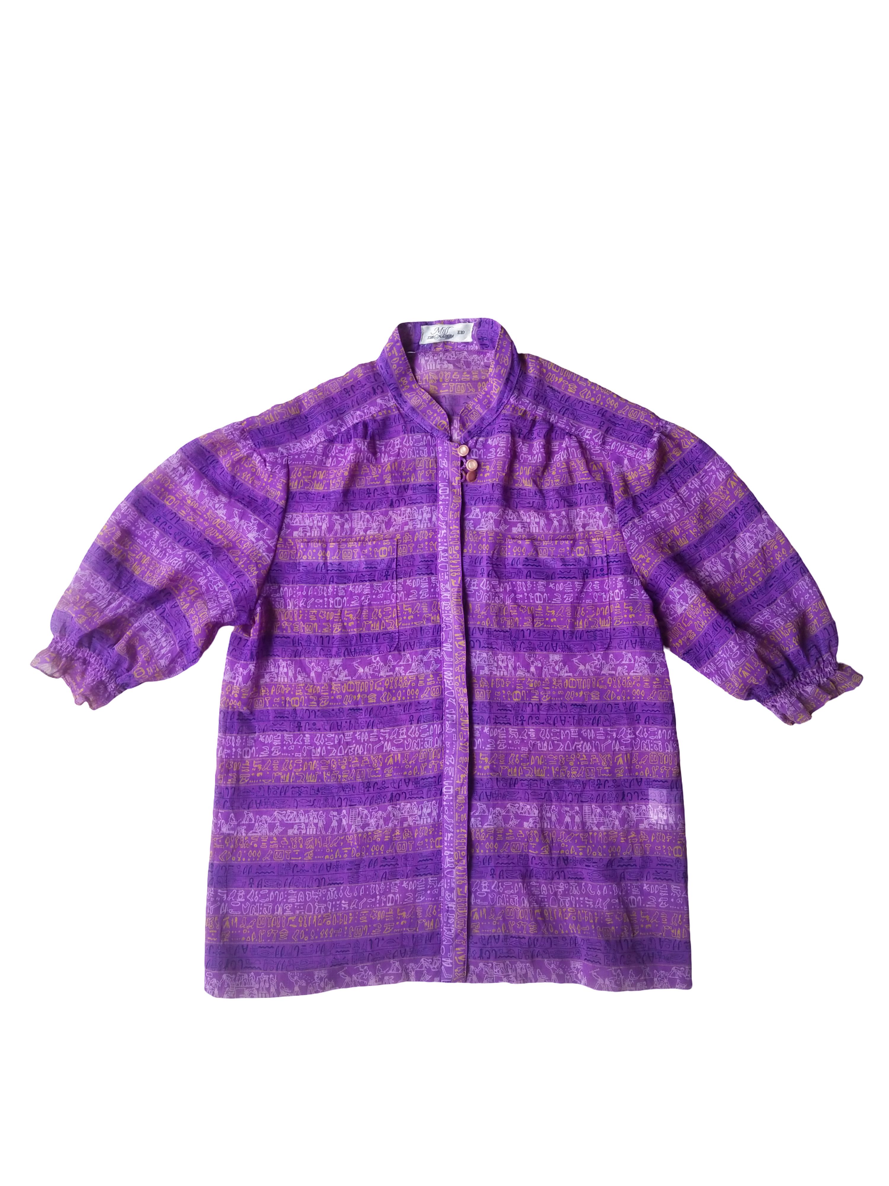 Vintage 1980s Egyptian Hieroglyph Sheer Purple Blouse Vintage Japan Size M / US 6-8 / IT 42-44 - 1 Thumbnail