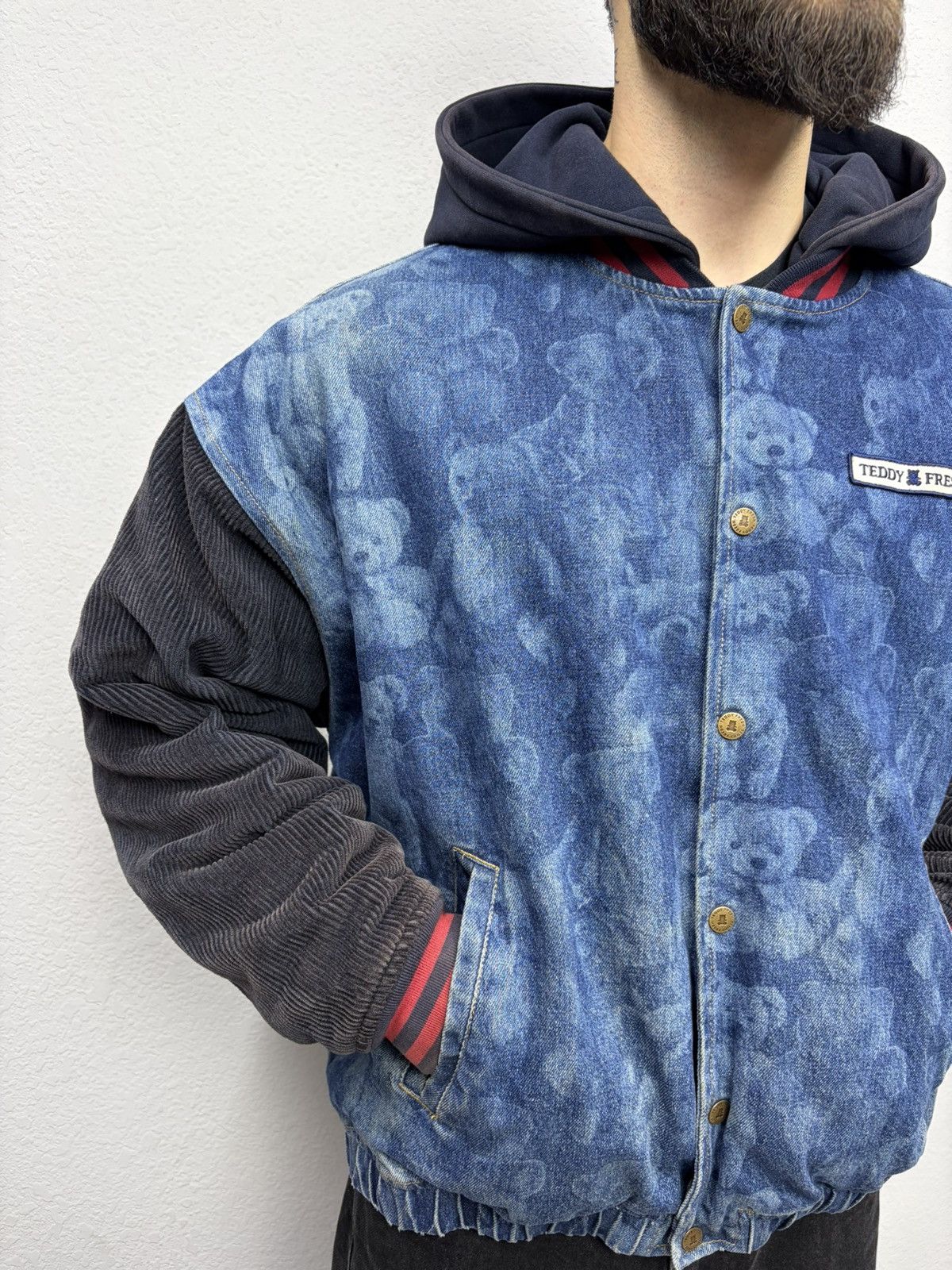 Teddy Fresh Teddy Fresh Denim Varsity Jacket Hybrid All-Over Bear Print Size US L / EU 52-54 / 3 - 3 Thumbnail