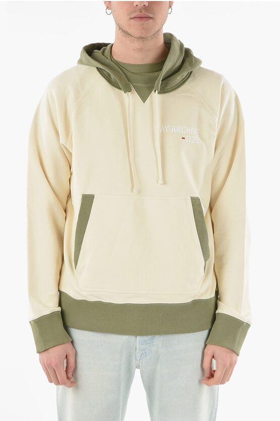 image of Fay Archive 021 Hoodie With Lettering And Cangaroo Pocket in Bianco/Verde, Men's (Size Small)