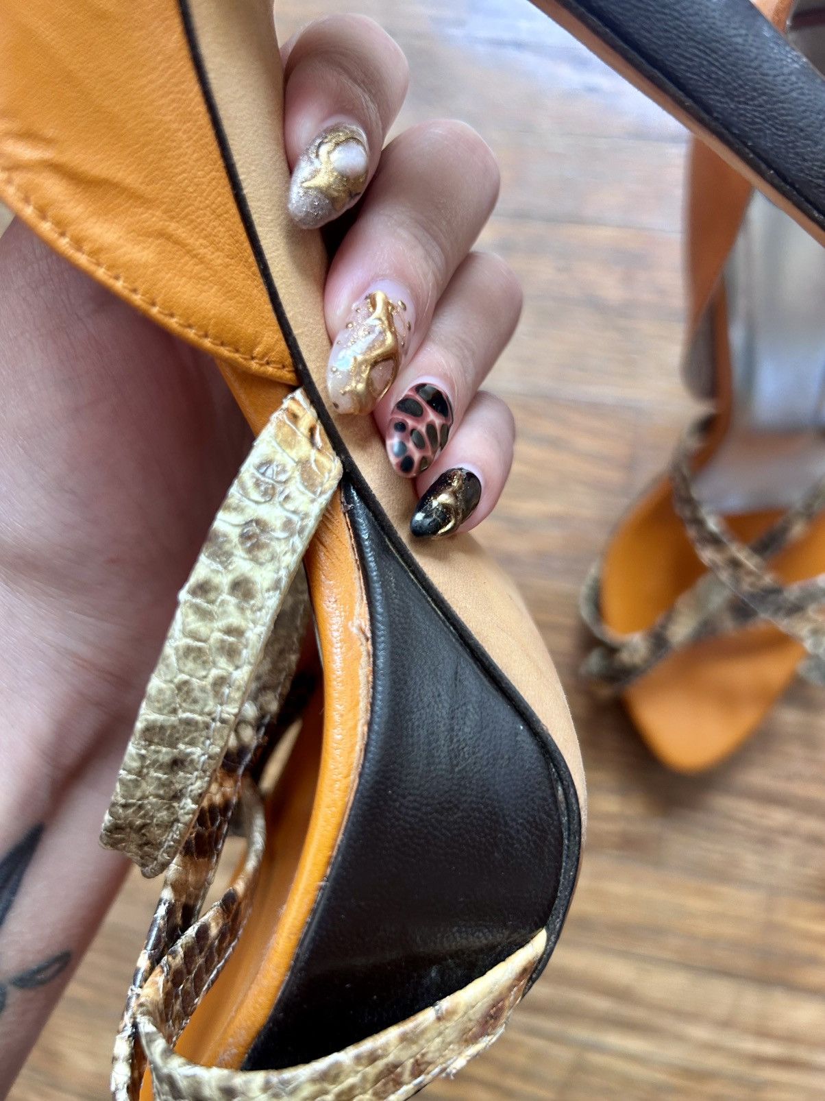 Roberto Cavalli Roberto Cavalli Orange & Black Heels with Snakeskin Straps Size US 7.5 / IT 37.5 - 12 Thumbnail