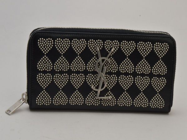Yves Saint Laurent Round Zipper Long Wallet Heart Studded Black