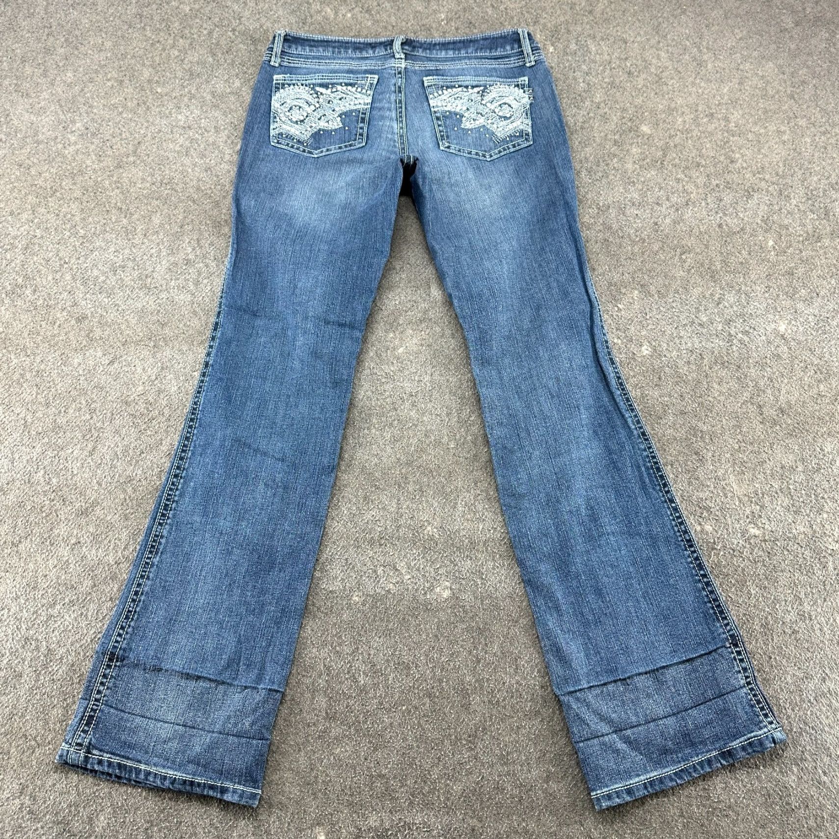 Wrangler Wrangler Rock 47 Jeans Womens 9x34 Bootcut Blue Denim Low Rise Medium Wash 5-Pocket Distressed Rhinestone Embroidered 32 in Waist 34 in Inseam Jeans Size 30" / US 8 / IT 44 - 5 Thumbnail