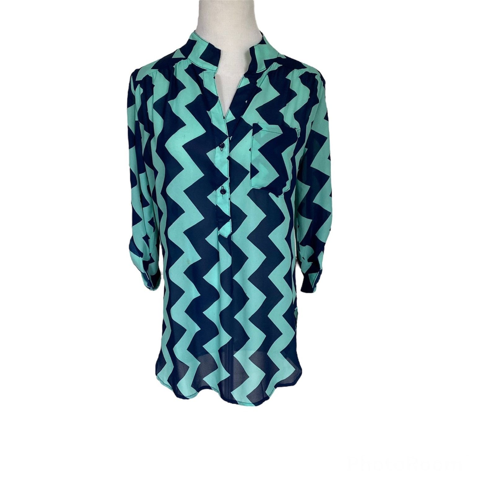 Other NEW NWT Small Teal & Navy Blue Chevron Long Sleeve Blouse Size S / US 4 / IT 40 - 1 Thumbnail