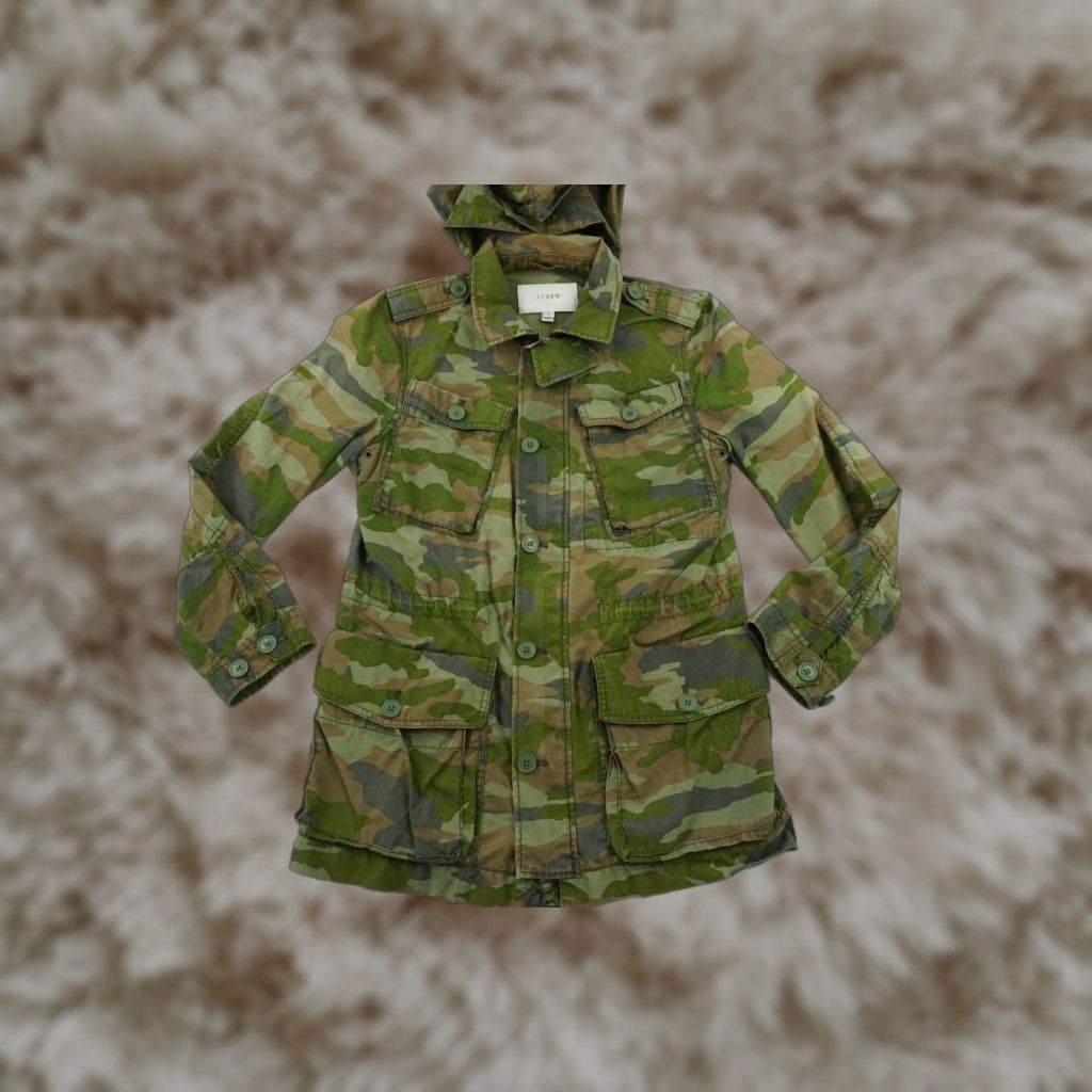 JCrew Camouflage Jacket Women’s S Green Full Zip Button Front Hooded Soft Shell Jacket