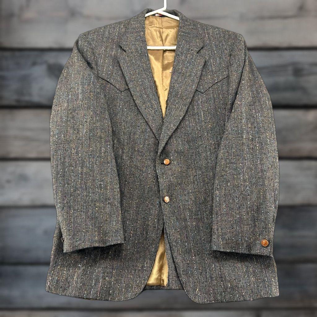 Vintage VINTAGE Larry Mahans Blazer Shirt Mens 42R Brown Wool Tweed Herringbone 90s USA Two-Button Cuff Missing Button Size 42R - 1 Thumbnail