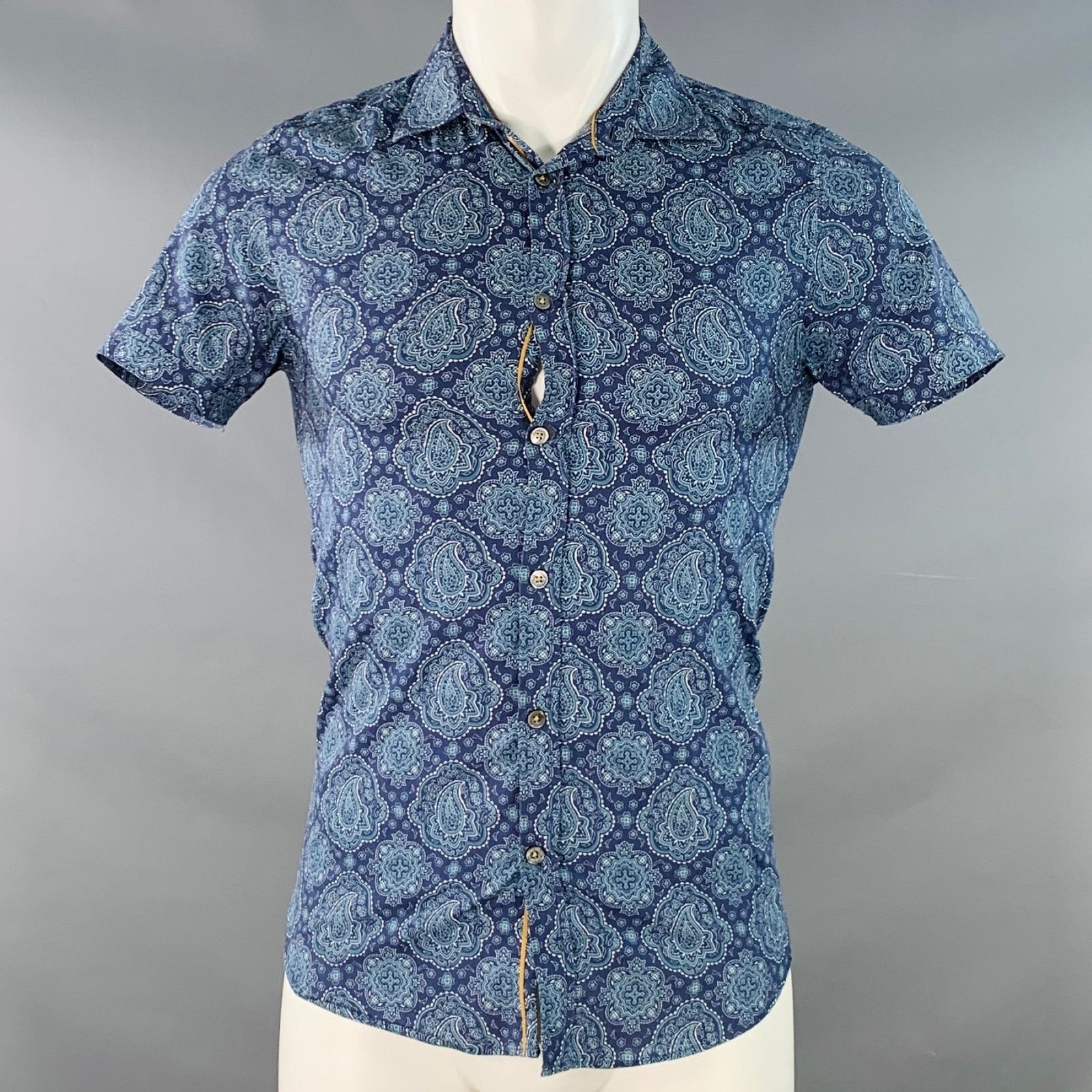 Ted Baker Bcrumbs Navy Green Paisley Cotton Spread Collar Short Sleeve Size US S / EU 44-46 / 1 - 1 Thumbnail