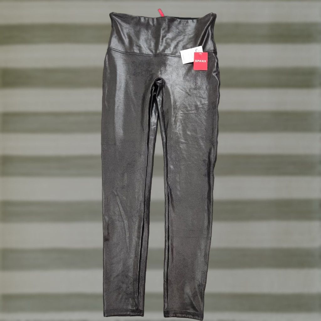 Spanx Leggings Womens XL Black Shine Faux Slick Leather Stretch Power Waistband