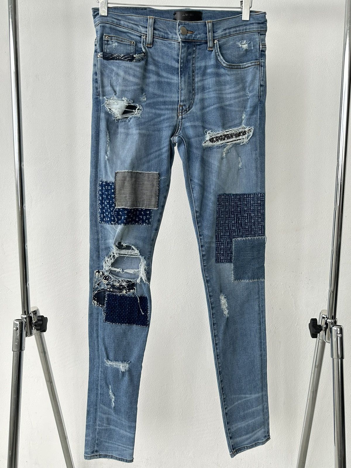 image of Amiri Jean Slim Bandana Patchwork. Size 30 in Blue, Men's