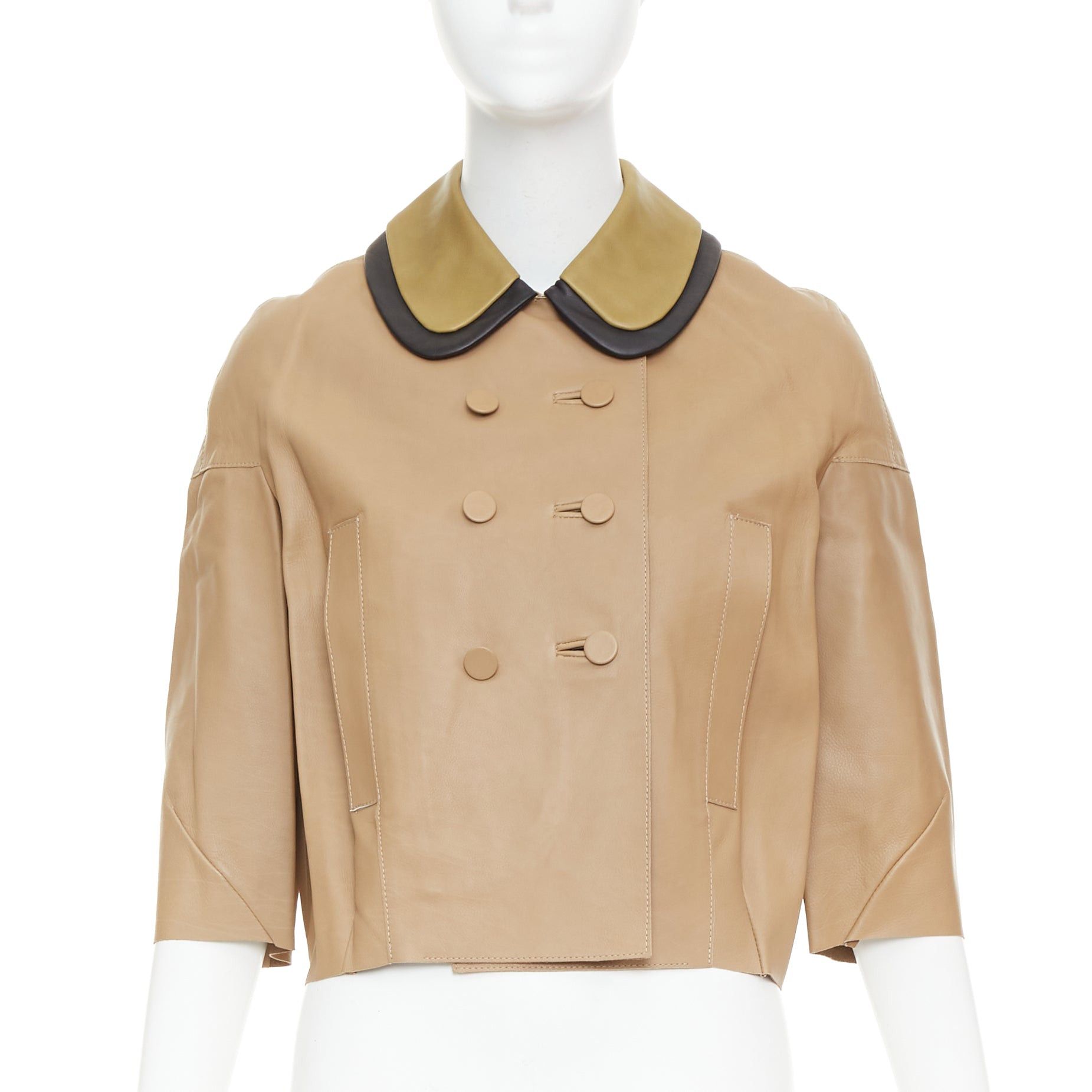 Marni MARNI brown leather green black double collar cropped double breasted jacket IT36 XXS Size XS / US 0-2 / IT 36-38 - 1 Thumbnail