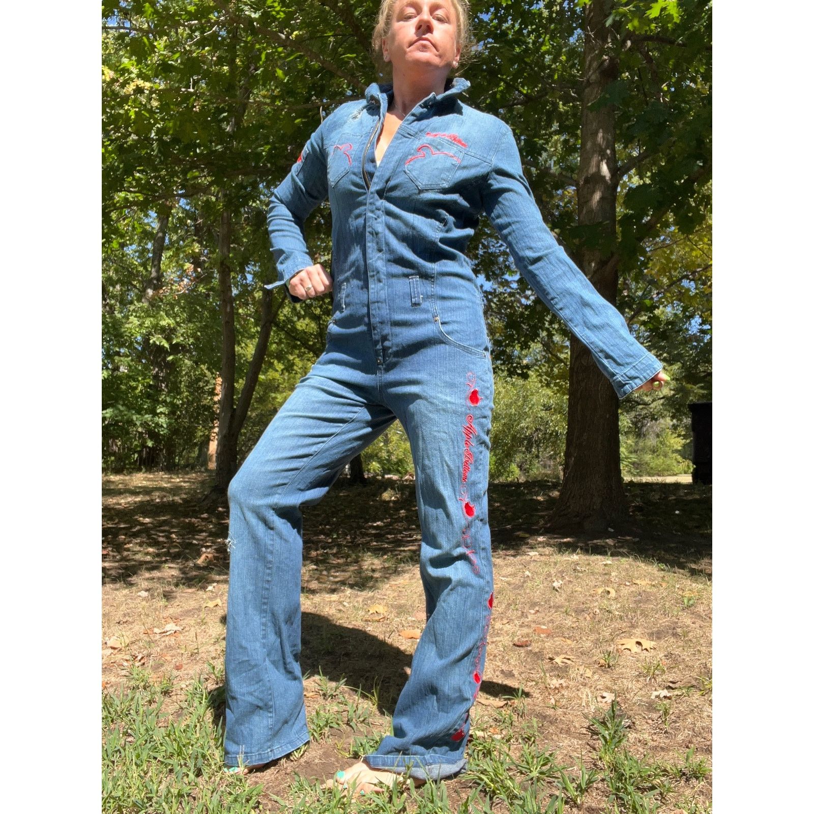 VTG Y2K apple bottom jeans denim logo distressed jumpsuit XL