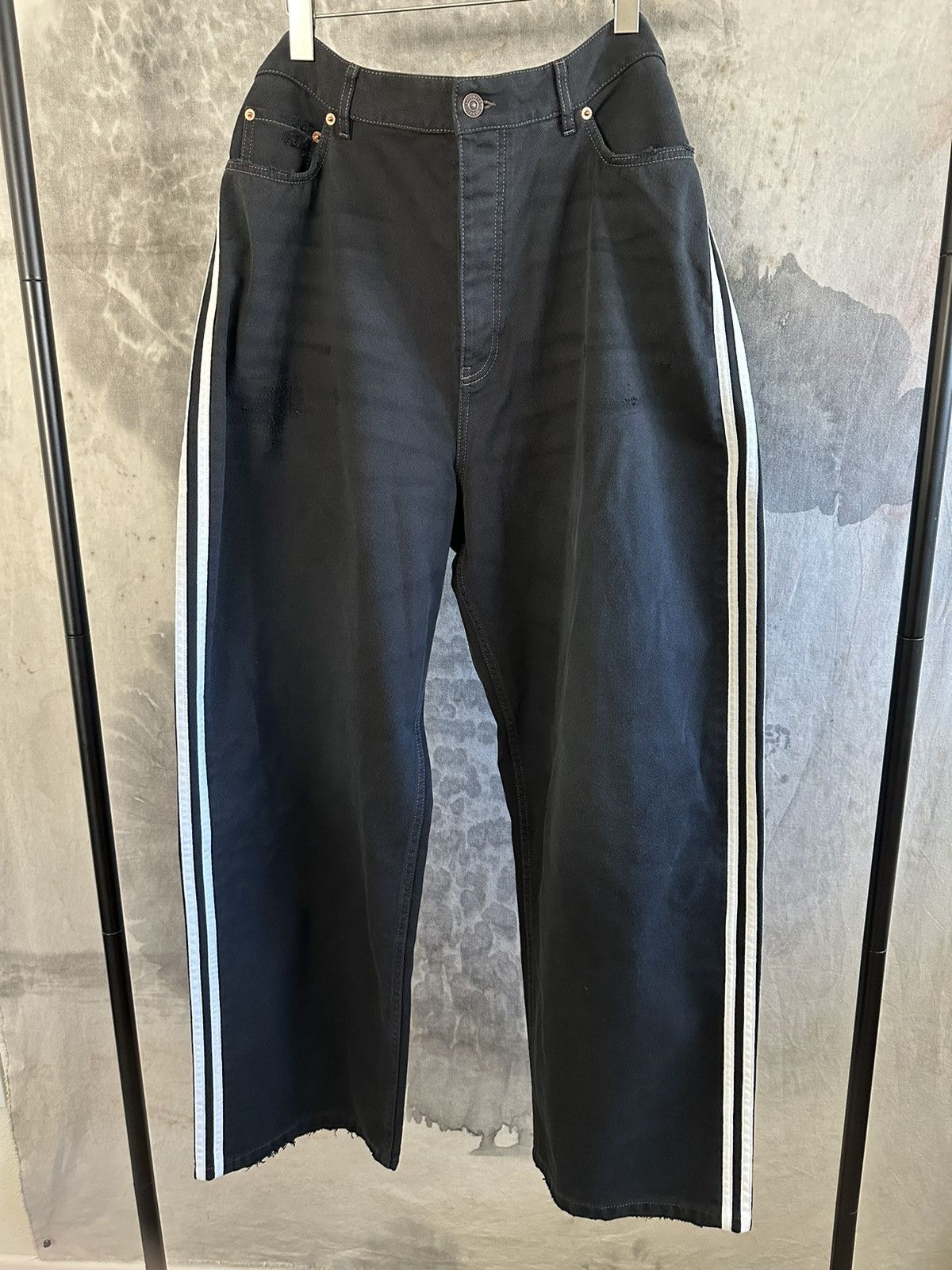 Image of Balenciaga X Adidas Large Fit Baggy 3 Stripe Denim Jeans L in Black, Men's (Size 36)