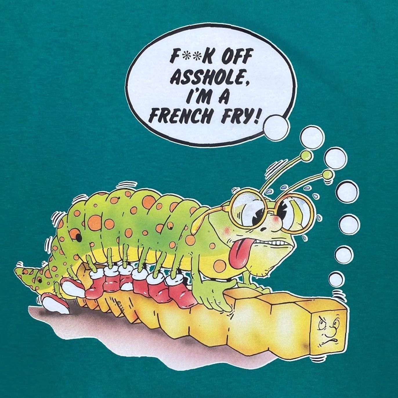 Vintage VINTAGE Screen Stars T-Shirt Graphic Print I'm A French Fry Caterpillar Cartoon Novelty L Mens Regular Turquoise 90s shirts Size US L / EU 52-54 / 3 - 3 Thumbnail