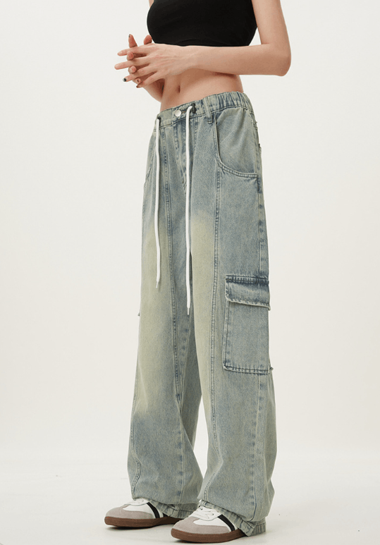 Japanese Brand × Jean Retro elastic waist loose casual drawstring cargo jeans Size US 32 / EU 48 - 3 Thumbnail