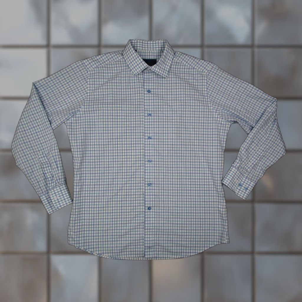 David Donahue DAVID DONAHUE Dress Shirt Men Fusion blue check Long Sleeve Button Up Work 16.5 Large - 100% Cotton - Made in Vietnam Mens Size 42R - 1 Thumbnail