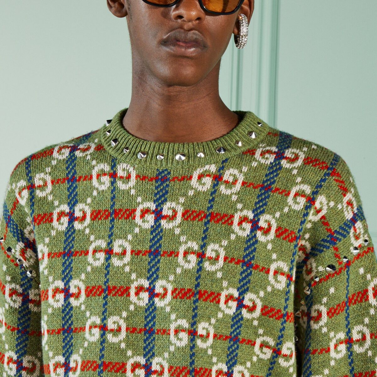 Gucci S - Gucci GG Check Knit Wool Sweater Neck Studs Green Size US S / EU 44-46 / 1 - 3 Thumbnail