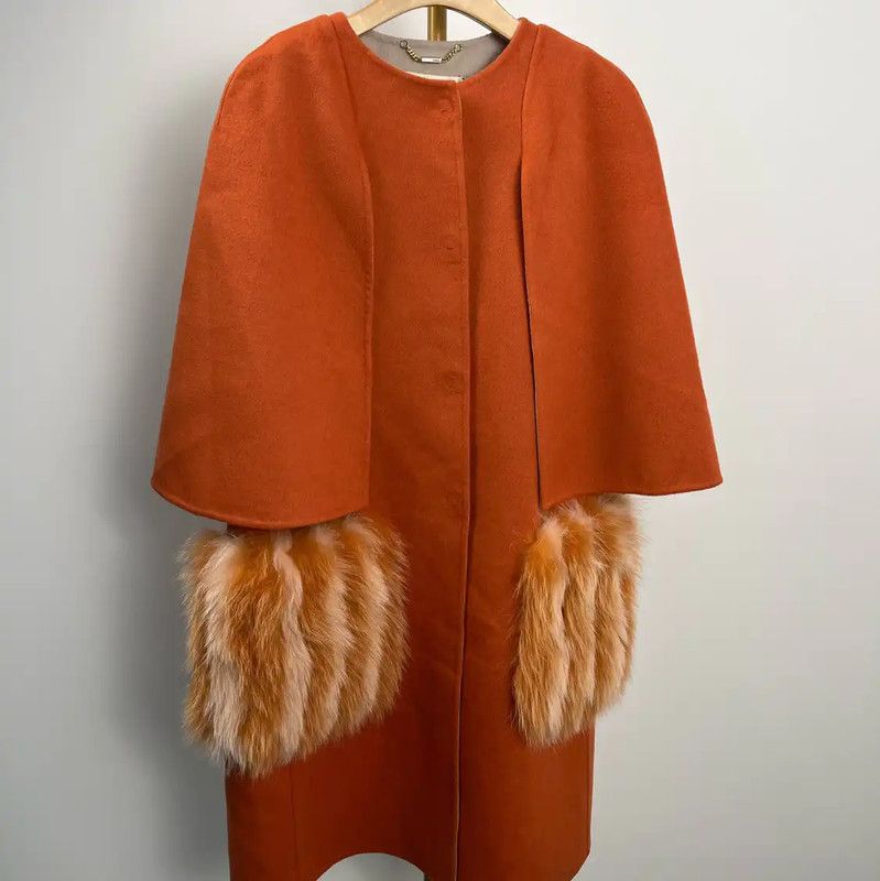 Fendi Fendi Orange Wool Women's Coat with Fur Trim 0089 Size L / US 10 / IT 46 - 1 Thumbnail