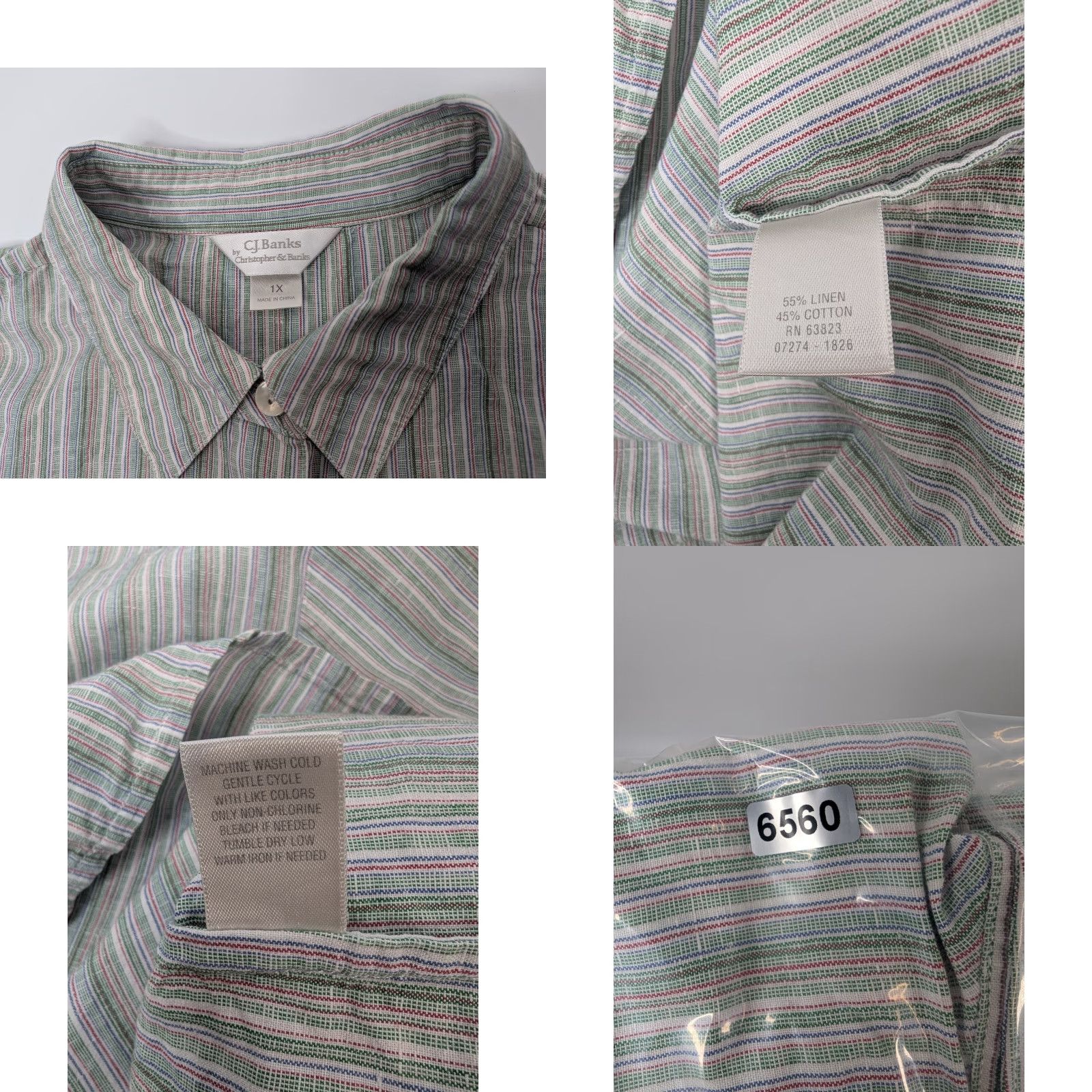 Vintage C.J. Banks By Christopher & Banks Women's Button-Up Shirt Striped Long Sleeve 1X Green Cotton Linen Casual Collar Size XL / US 12-14 / IT 48-50 - 8 Thumbnail