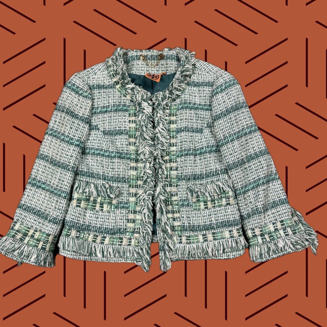 Tory Burch TORY BURCH Marion Blazer Tweed Jacket SIZE 2 Teal Sky Blue 3/4 Sleeve Classic Fit Women's Vintage No N/A Size XS / US 0-2 / IT 36-38 - 1 Thumbnail