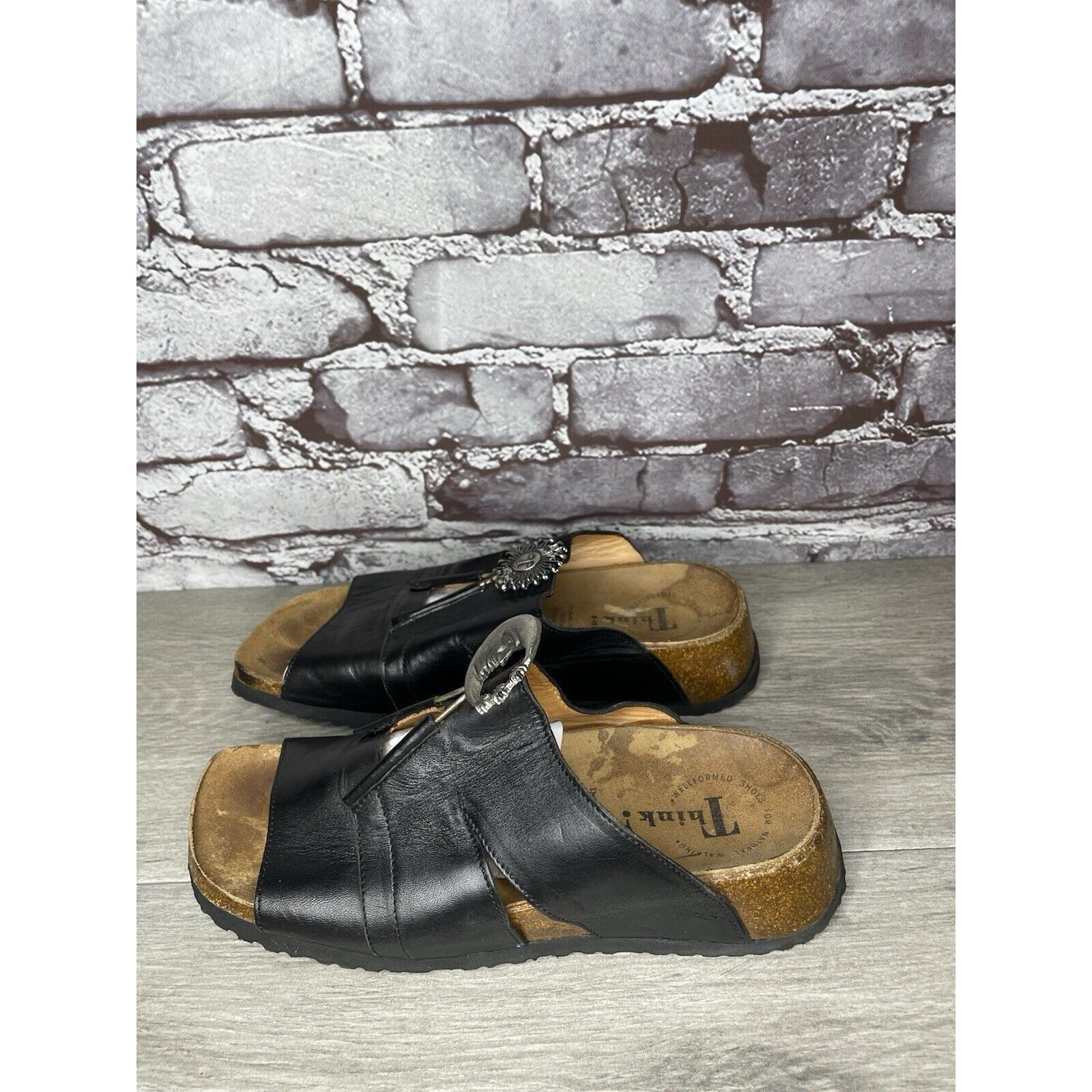 Other Think! Black Leather Cork Sun Moon Silver Wedge Sandals Wome Size US 6.5 / IT 36.5 - 9 Thumbnail