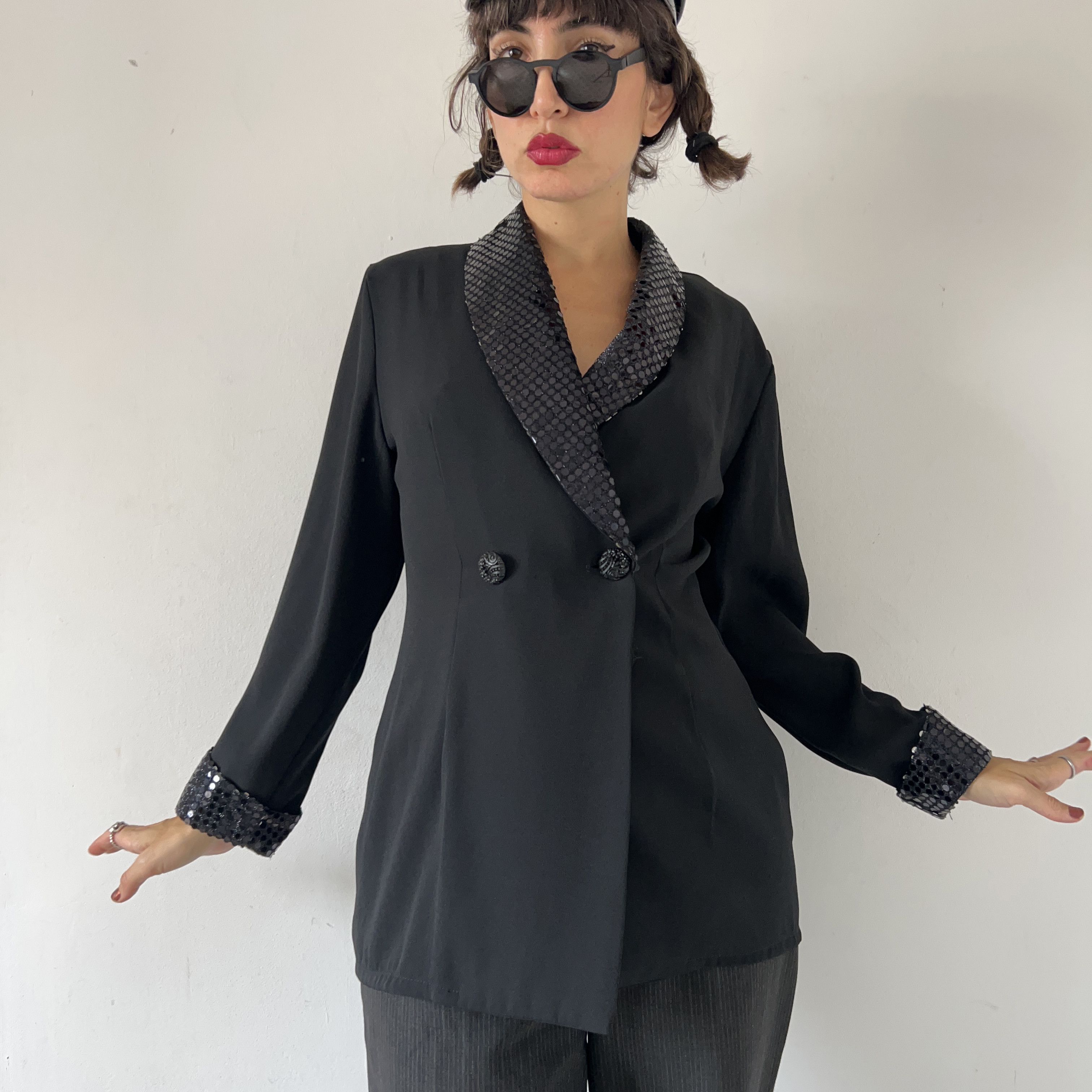 Vintage Vintage 80s Black Sequin Blazer Size XL / US 12-14 / IT 48-50 - 5 Thumbnail