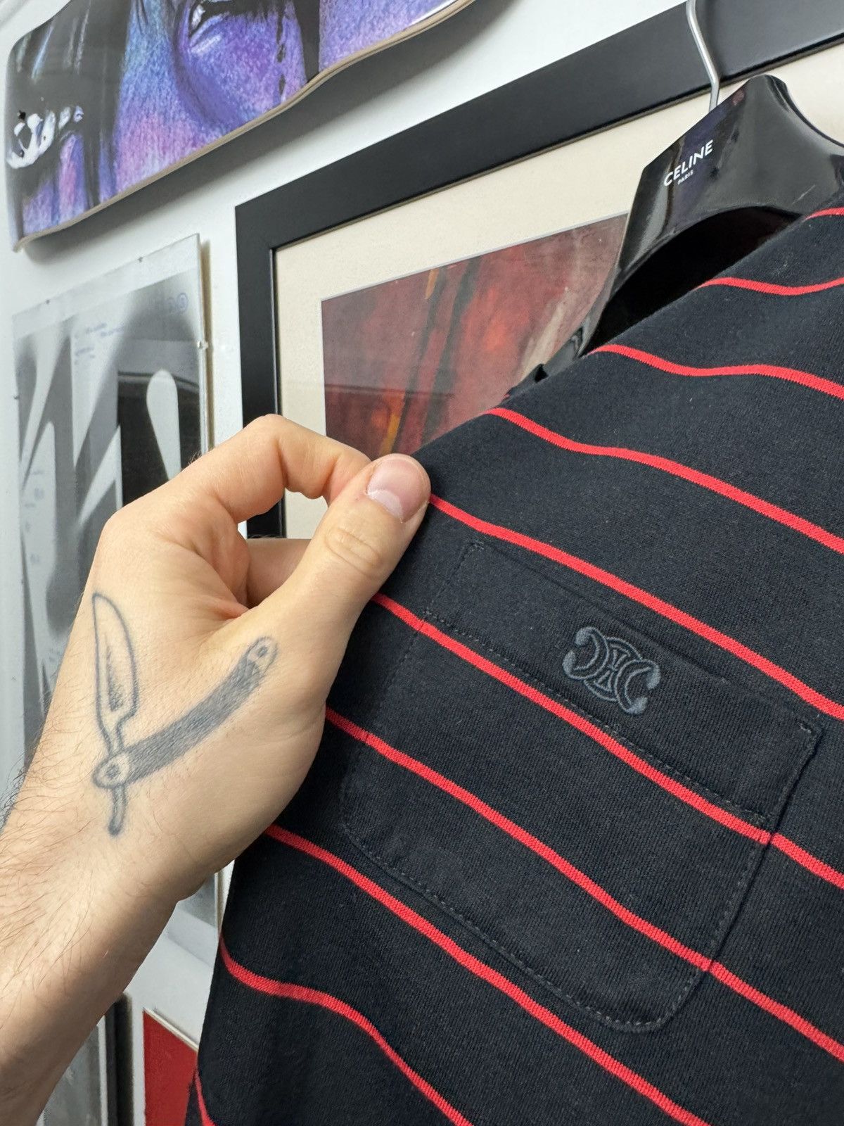 Celine Celine Triomphe Mini Logo Designer Stripes Black Red Tee Size US M / EU 48-50 / 2 - 4 Thumbnail