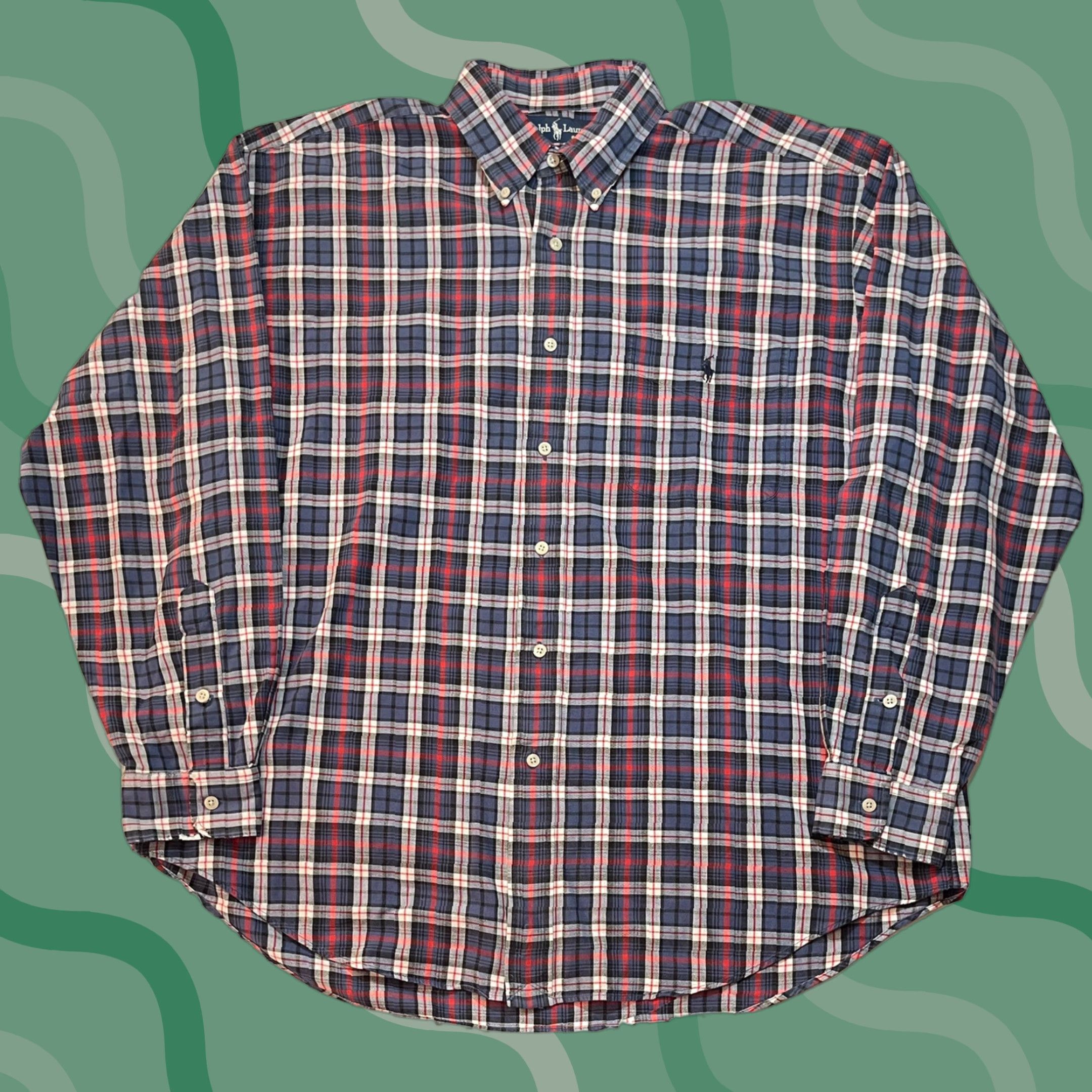 VINTAGE Polo Ralph Lauren Shirt Men Big Shirt Plaid Button-Up 90s L Multicolor Cotton Logo Embroidered Mens