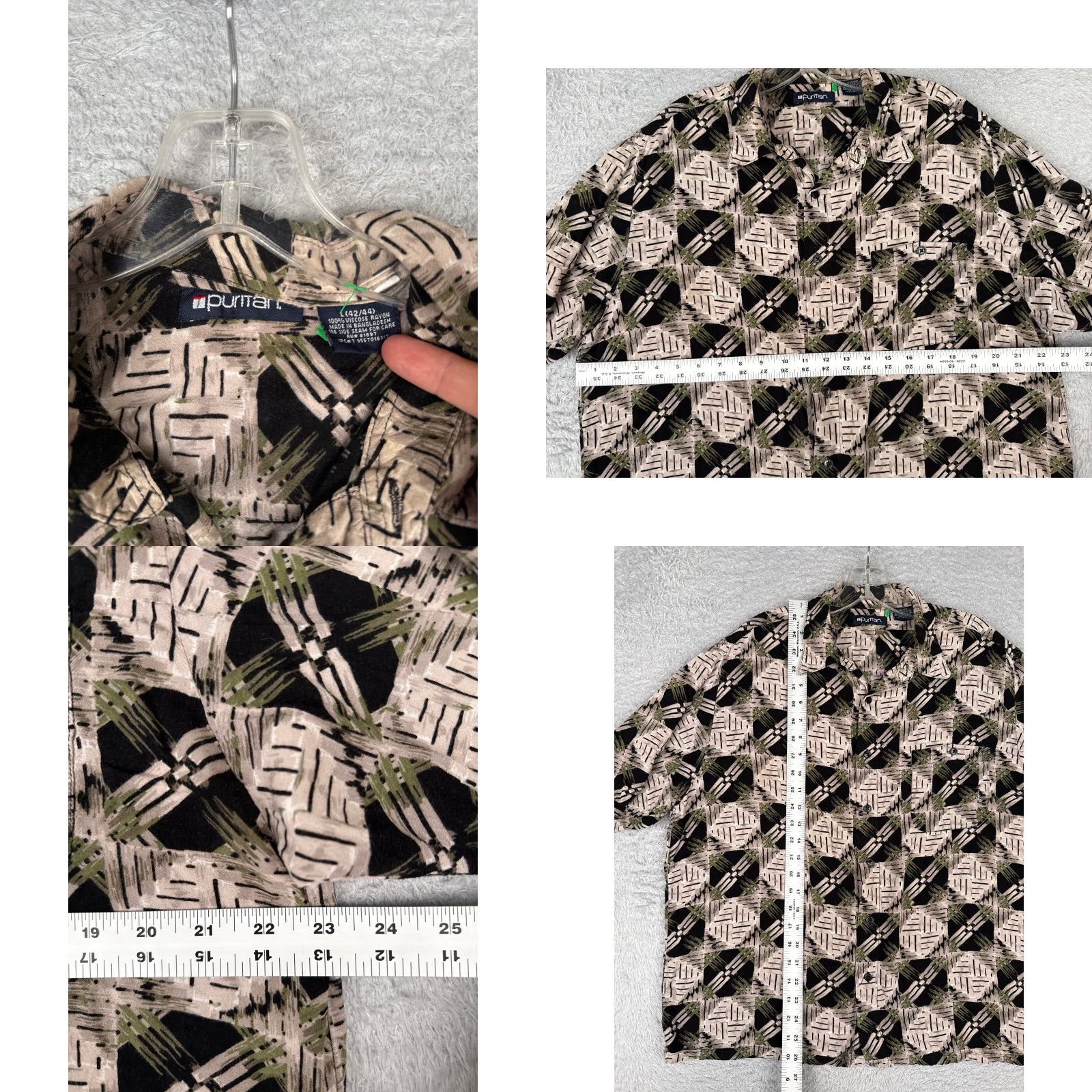 Vintage Puritan Shirt Men Large Beige Black Tile Geometric Hawaiian 100% Rayon Button Up Size US L / EU 52-54 / 3 - 8 Thumbnail