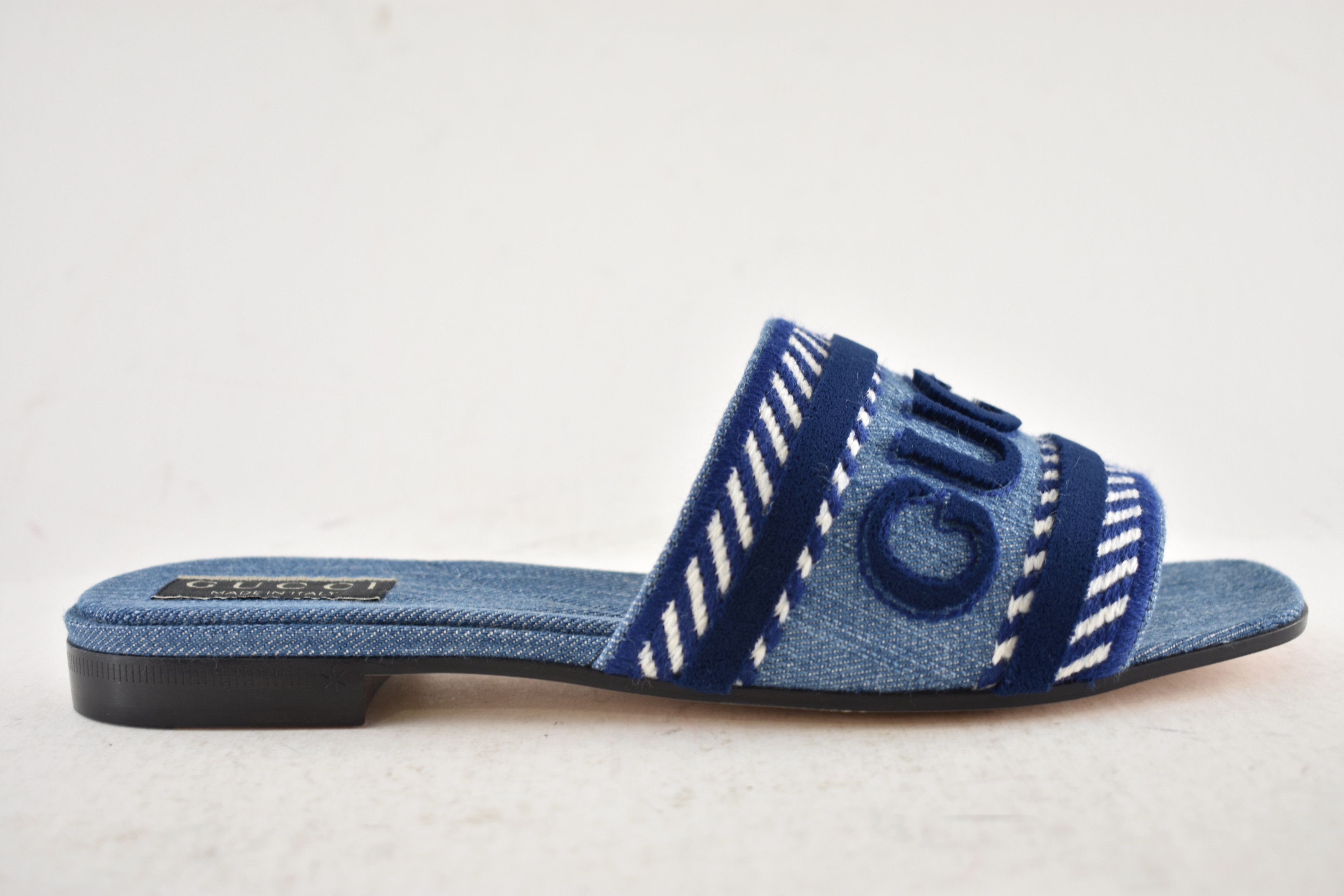 Gucci Gucci Jane Blue Denim Velvet Logo Mule Flat Slide Sandal 37 Size US 7 / IT 37 - 2 Thumbnail