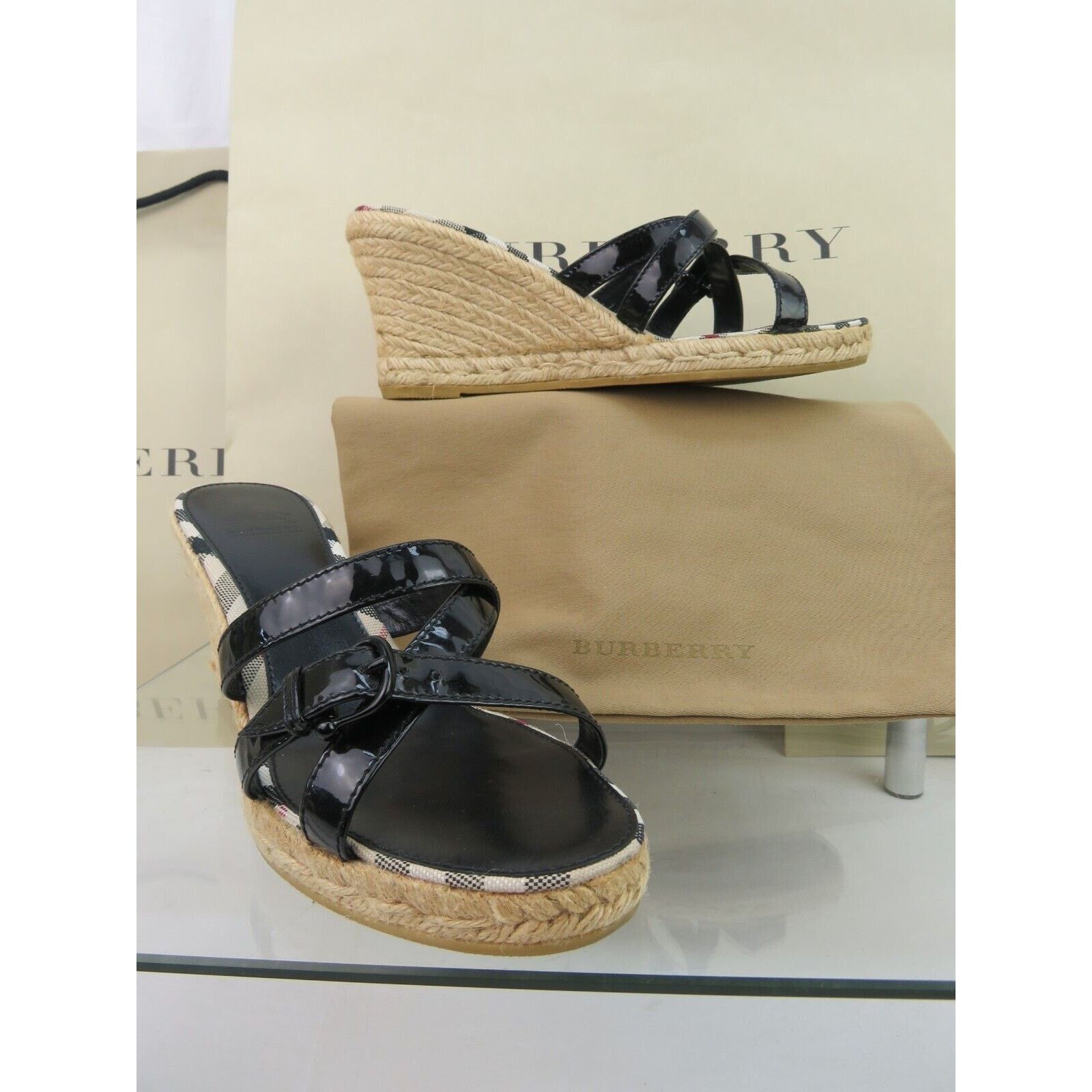 Burberry BURBERRY BLACK PATENT LEATHER CHECK ESPADRILLE SANDALS 40 Size US 10 / IT 40 - 13 Thumbnail