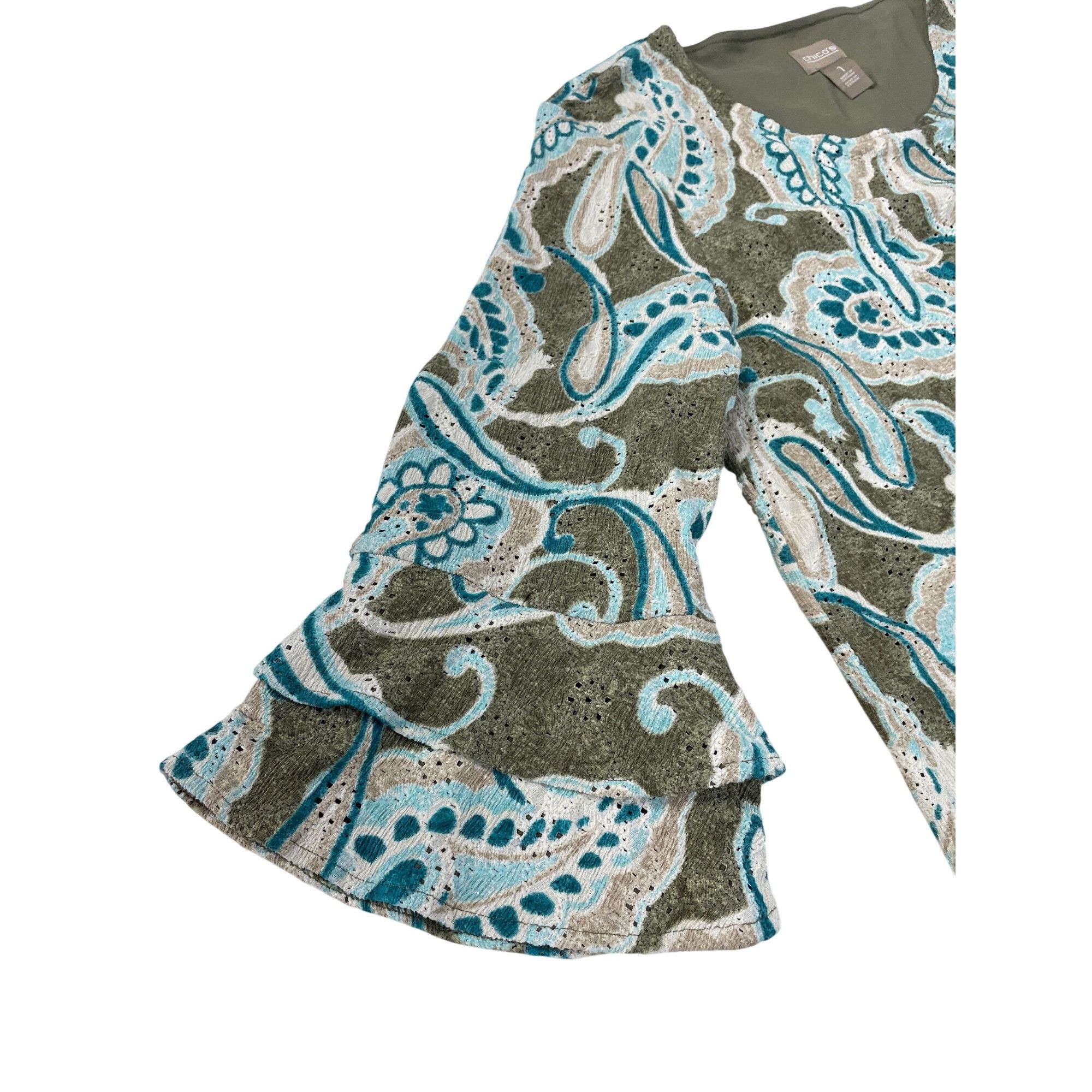 Chicos Chicos Womens Paisley Bell Sleeve Top Size 1 Green/Turquoise Size XS / US 0-2 / IT 36-38 - 2 Thumbnail