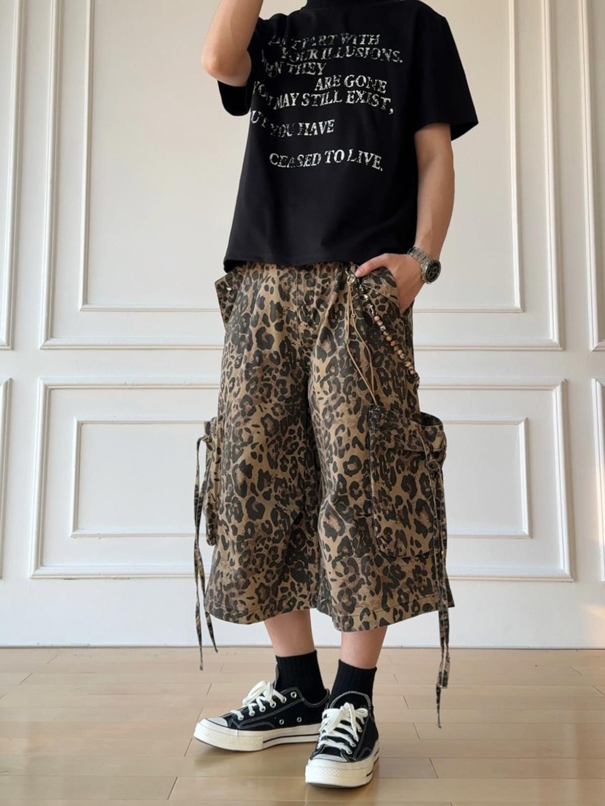 Leopard Print Long Wide Cargo Jorts Baggy Shorts