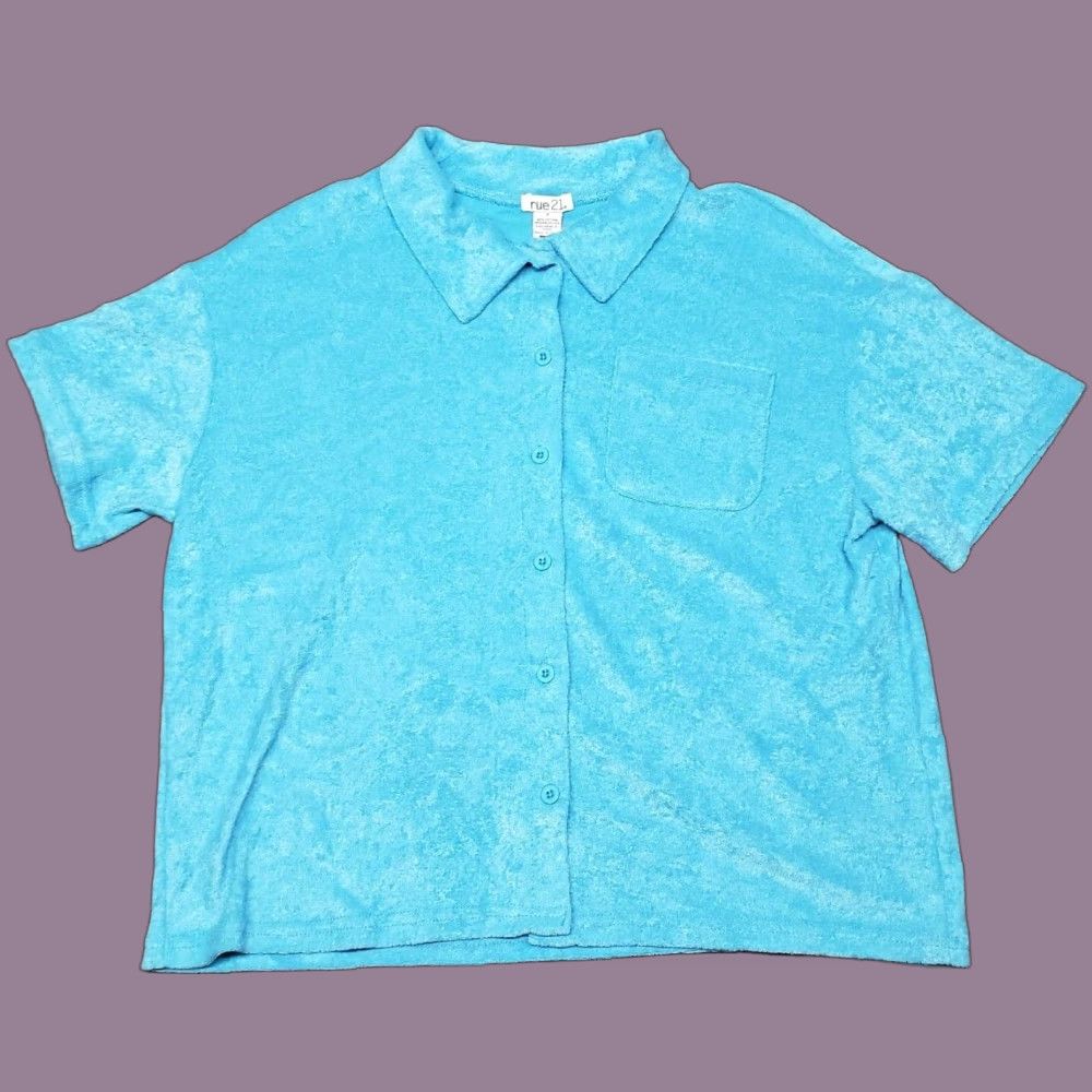 Vintage Rue21 Shirt Top Womens S Blue Terry Short Sleeve Button Up Pocket New Size S / US 4 / IT 40 - 1 Thumbnail