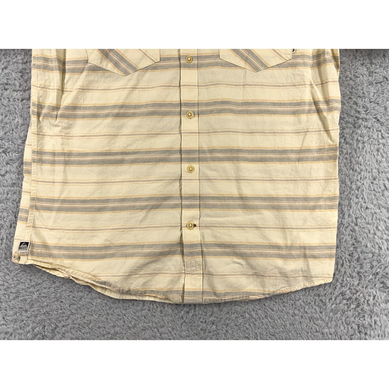 REEF Reef Shirt Mens Large Yellow Gray Striped Button Up 100% Cotton Beach Surf Size US L / EU 52-54 / 3 - 6 Thumbnail