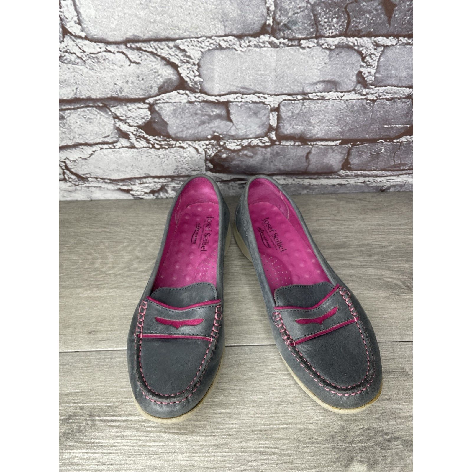 JOSEF SEIBAL Josef Seibel Gray Leather Pink Stitching Penny Loafer Comfor Size US 6 / IT 36 - 10 Thumbnail