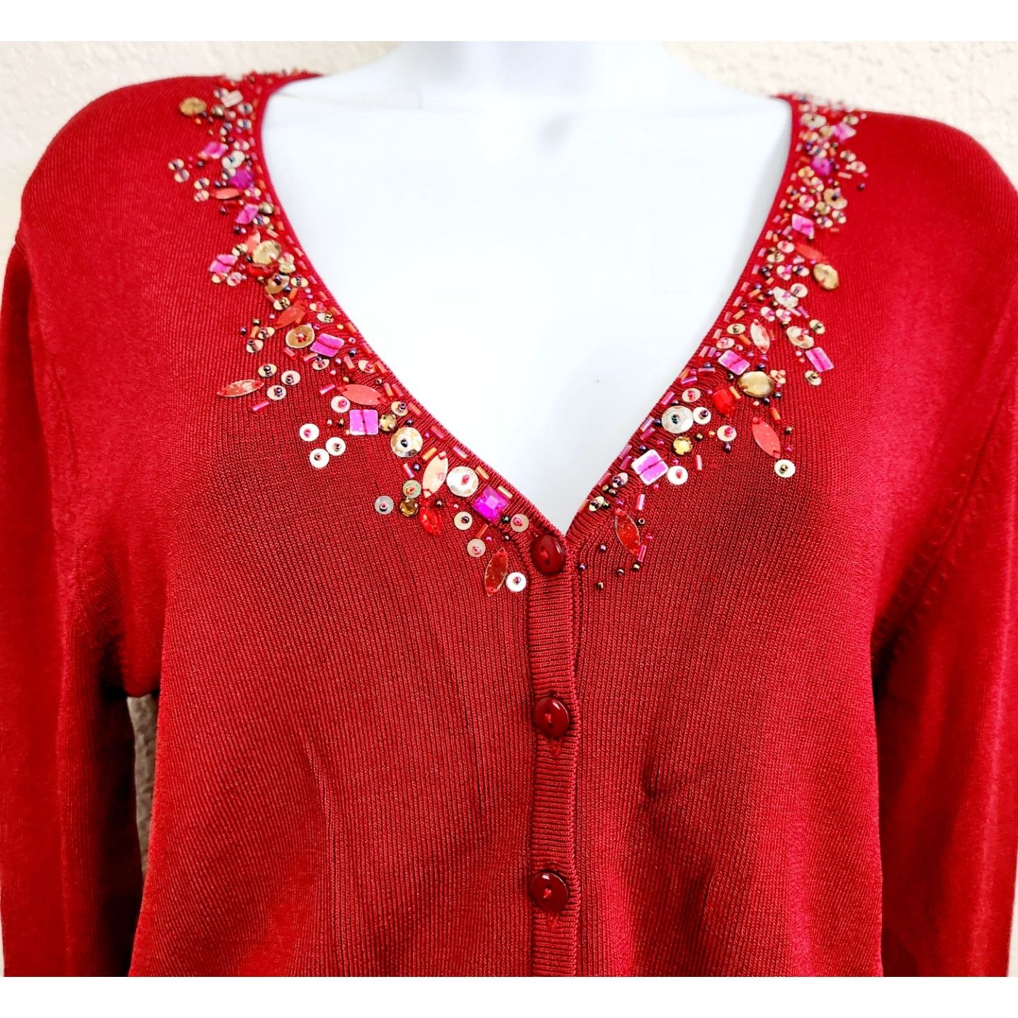 Bloomingdale's VTG Bloomingdale's Red Beaded V Neck Sleeves Cardigan Small Size S / US 4 / IT 40 - 2 Thumbnail