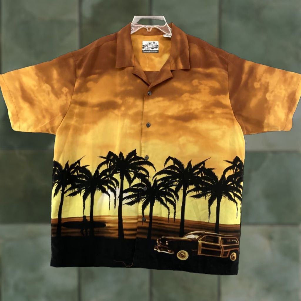 Vintage Pineapple Connection Pineapple Connection Mens L Orange Sunset Palm Trees Hawaiian Shirt Button-Up Short Sleeve Collared Beach Sunset 90s Theme Men’s? Size US L / EU 52-54 / 3 - 1 Thumbnail