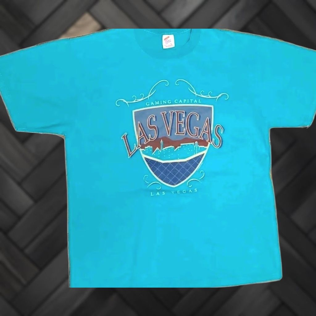 Jerzees VINTAGE JERZEES Las Vegas T Shirt Mens L Turquoise Gaming Capital Casino USA 90s USA Graphic Print Crew Neck Short Sleeve Cotton Knit Size US L / EU 52-54 / 3 - 1 Thumbnail
