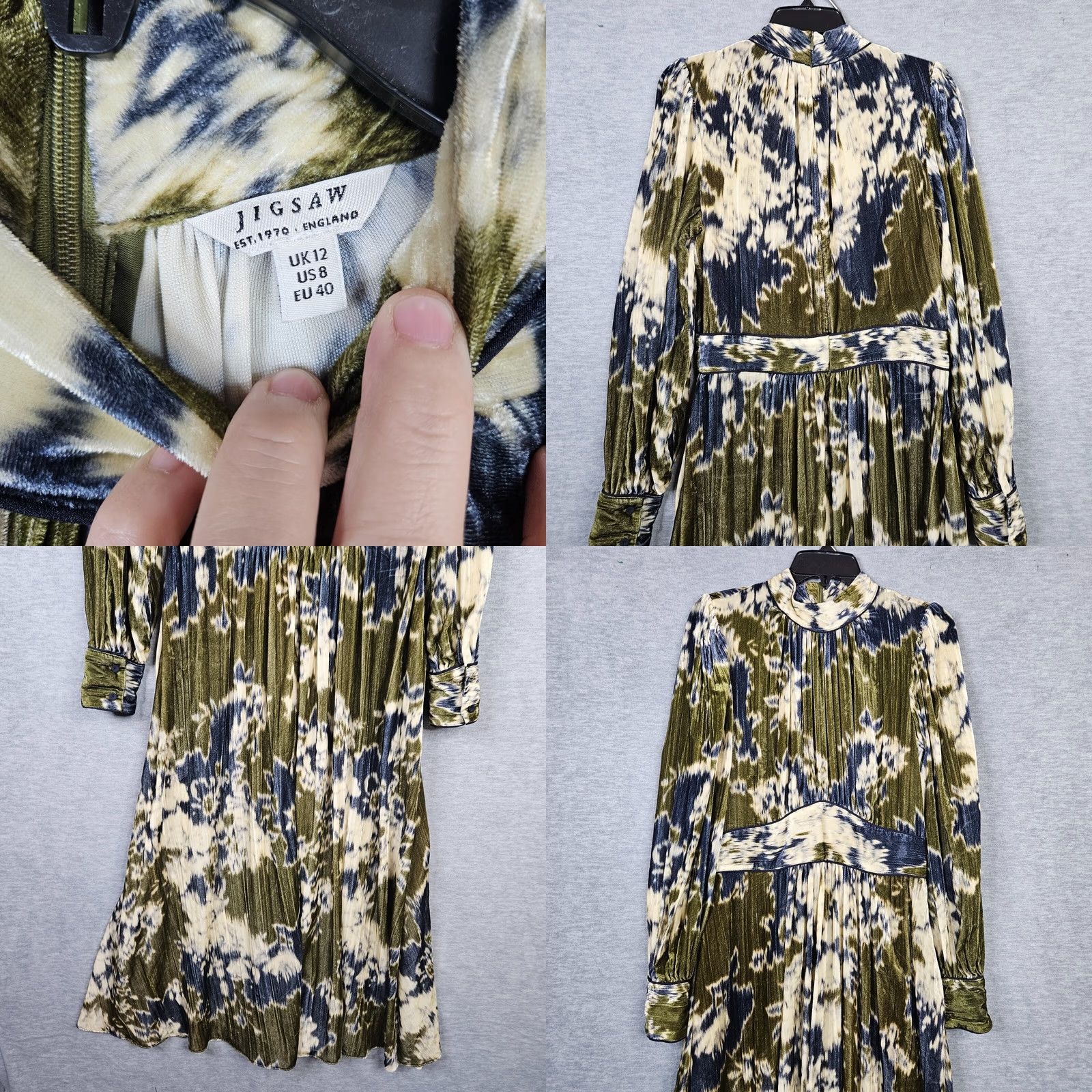 Jigsaw JIGSAW Glitched Ikat Velvet Khaki Green High Neck Midi Dress Women’s Sz 8 Size M / US 6-8 / IT 42-44 - 8 Thumbnail