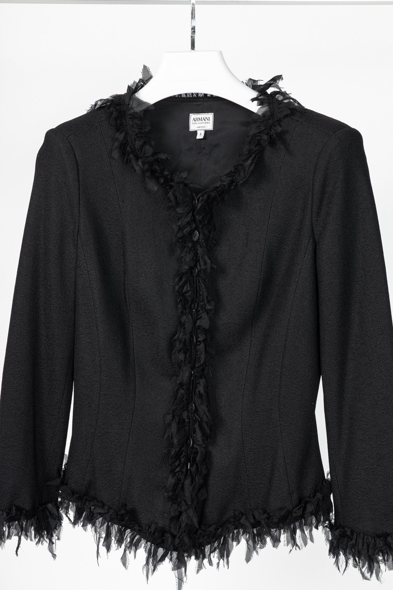 Armani Collezioni Armani Collezioni Black Crepe Silk-Fringe Jacket Size M / US 6-8 / IT 42-44 - 3 Thumbnail