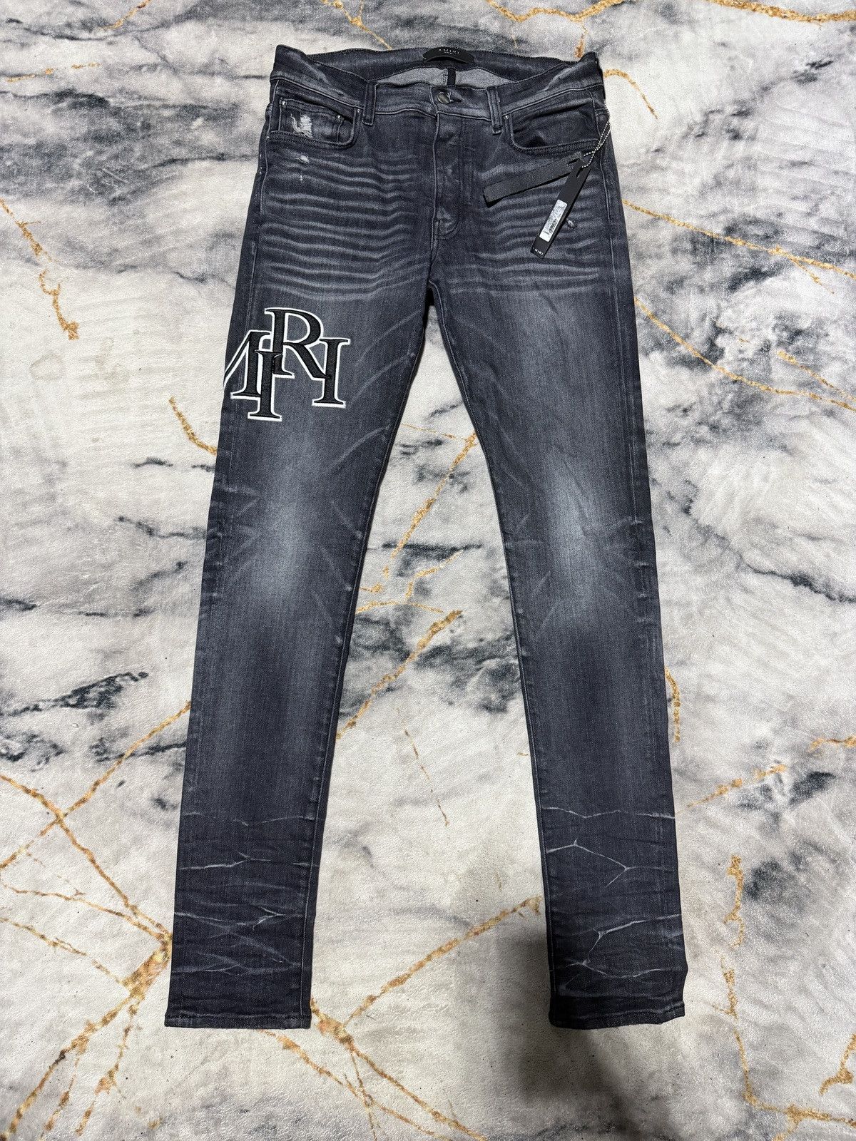 Amiri Amiri 'Staggered Logo' Rain Grey Jeans | Grailed