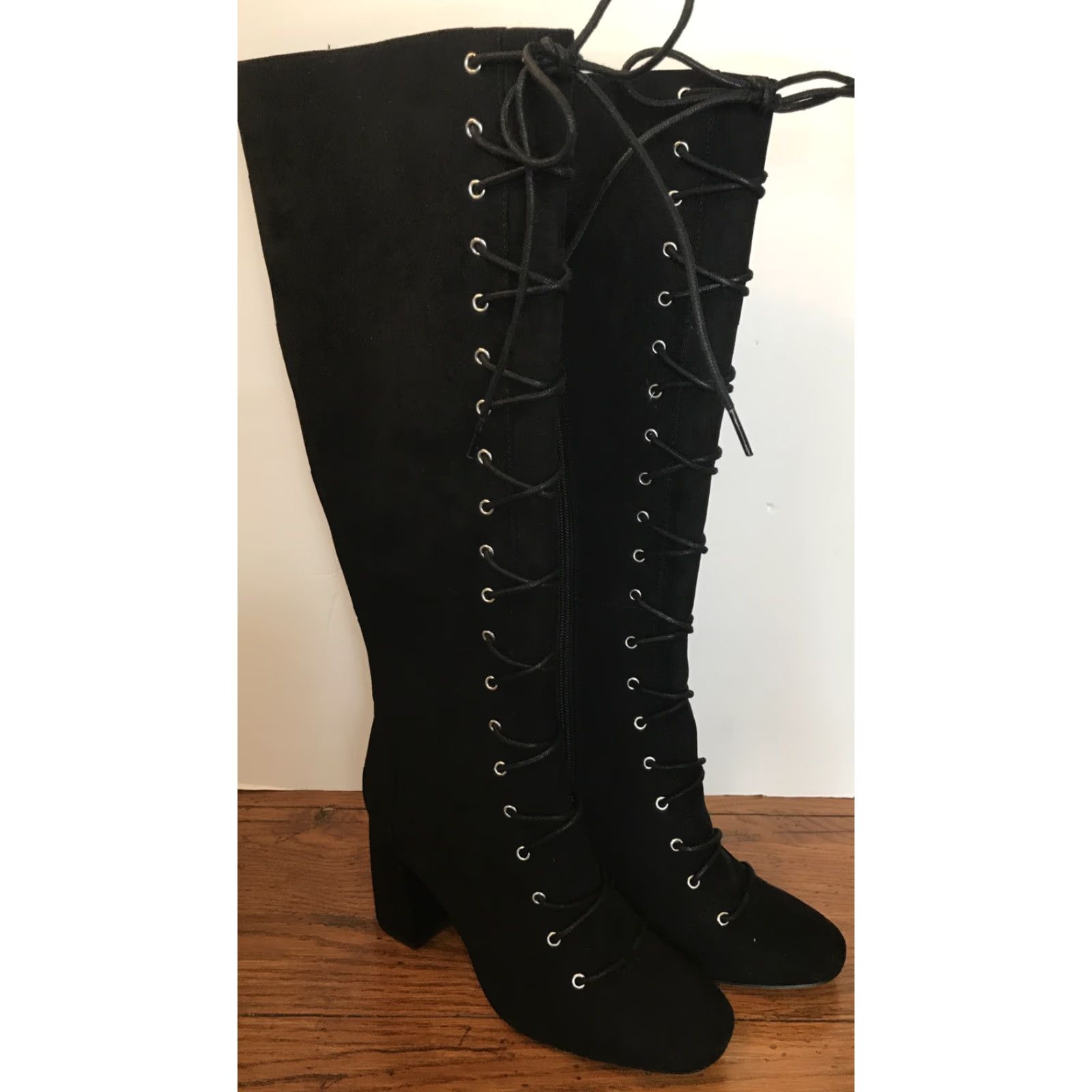 BCBGeneration VINTAGE US 8 Medium BCBGeneration Addison Micro-suede Black Lace Up Boot 3 1/4" Heel Zip Boots Womens Damaged Box Scuffs Size US 8 / IT 38 - 5 Thumbnail