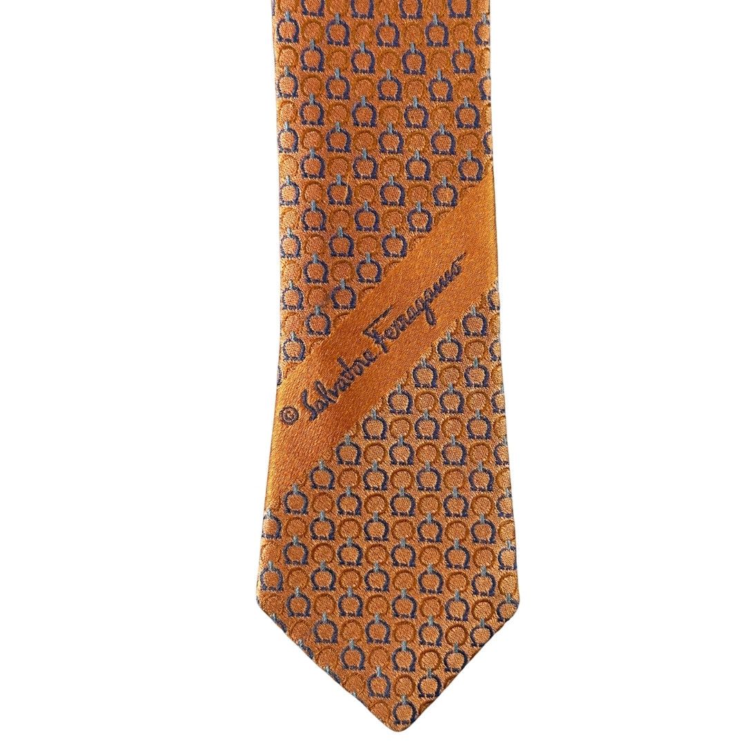 Salvatore Ferragamo Tie Silk Blue Horseshoe Pattern on Orange Size ONE SIZE - 4 Thumbnail