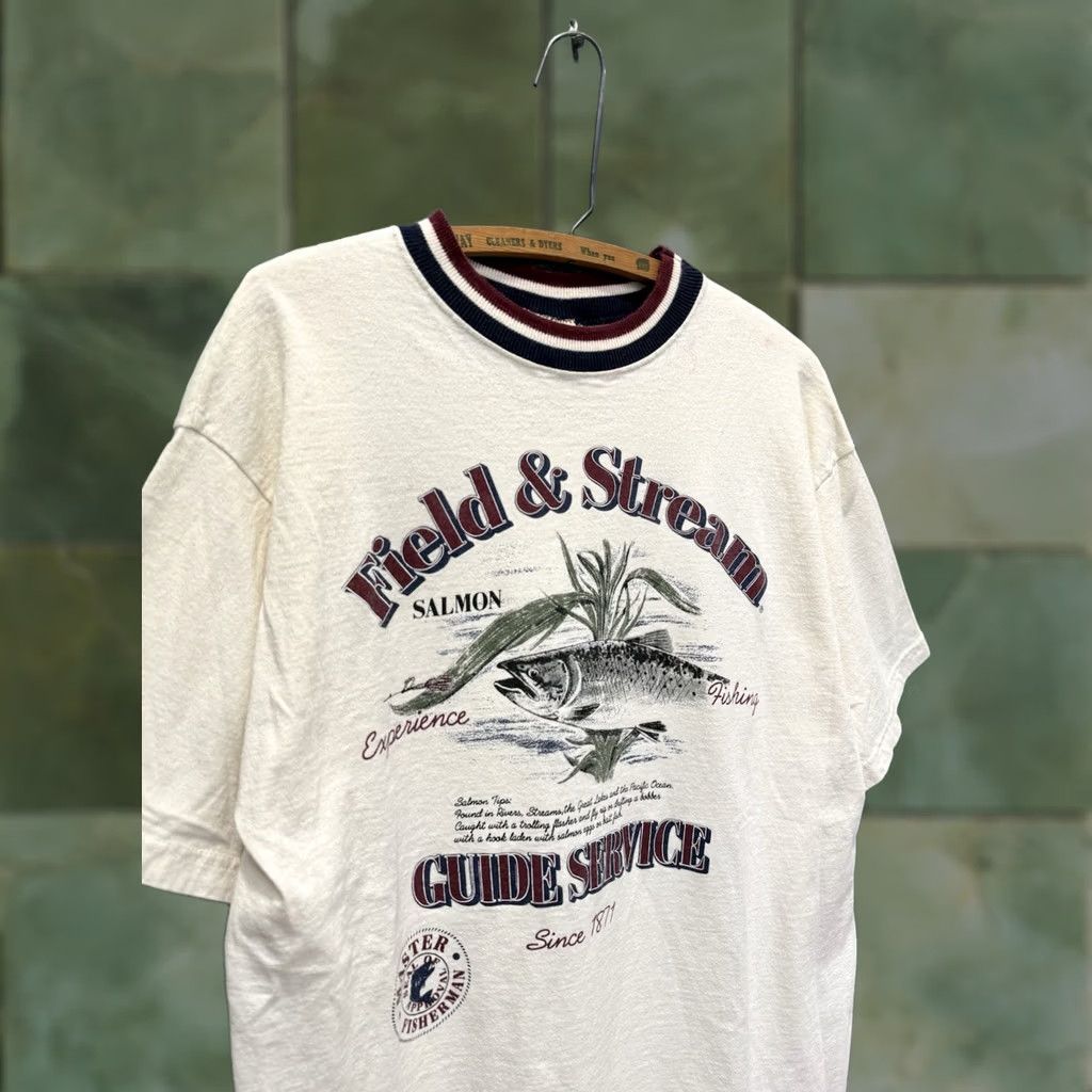 Vintage VINTAGE Field And Stream Salmon Fishing White Ringer Tee Shirt XL 90s Mens Size US XL / EU 56 / 4 - 1 Thumbnail