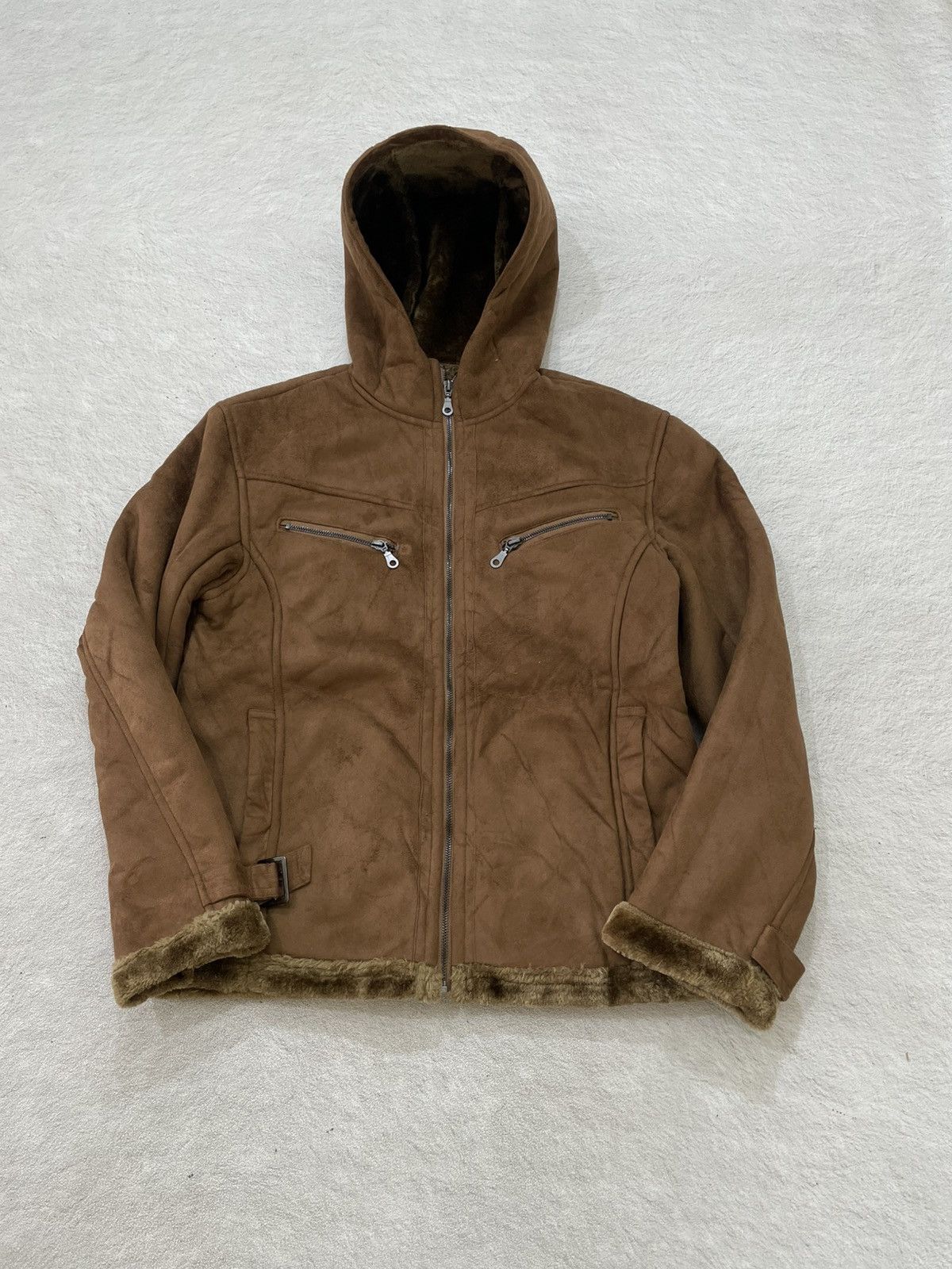 Le Grande Bleu (L.G.B.) 2000s Japan Shearling Hooded Suede Leather Jacket Brown Y2K Size US M / EU 48-50 / 2 - 1 Thumbnail