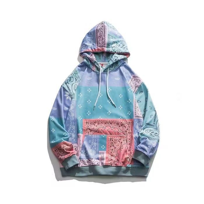 image of Vintage Bandana Patchwork Blue Hoodie, Men's (Size Large)