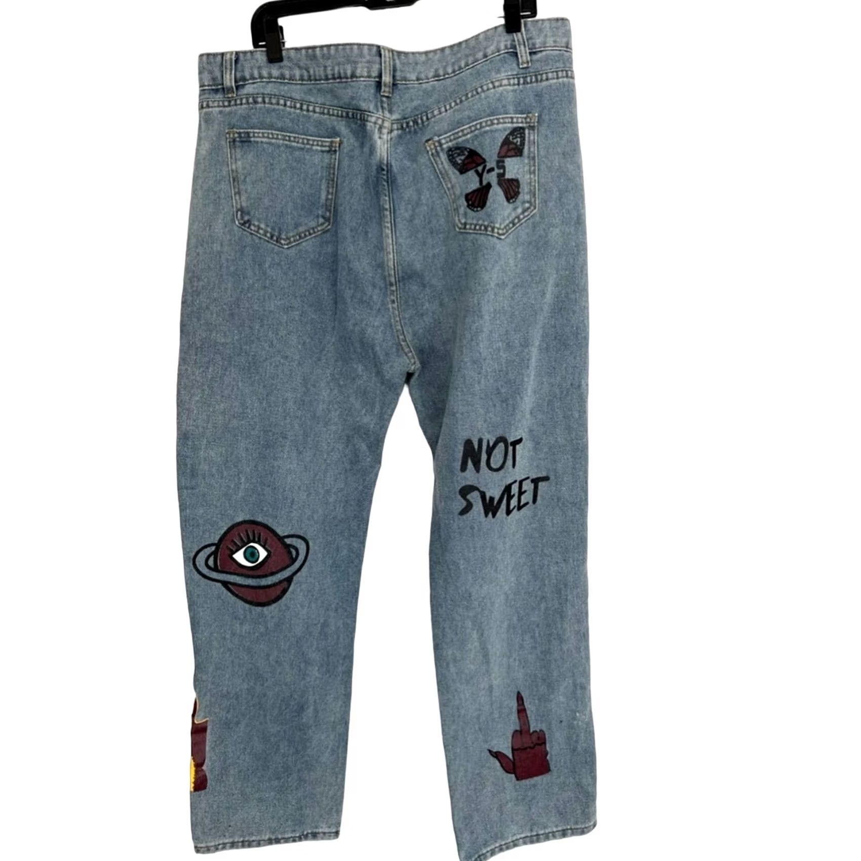 Vintage MENS GRAPHIC PAINTED JEANS STREETWEAR LOOSE FIT 38X30 BLUE 38 Mens Wide-Leg Jeans Size US 38 / EU 54 - 2 Thumbnail