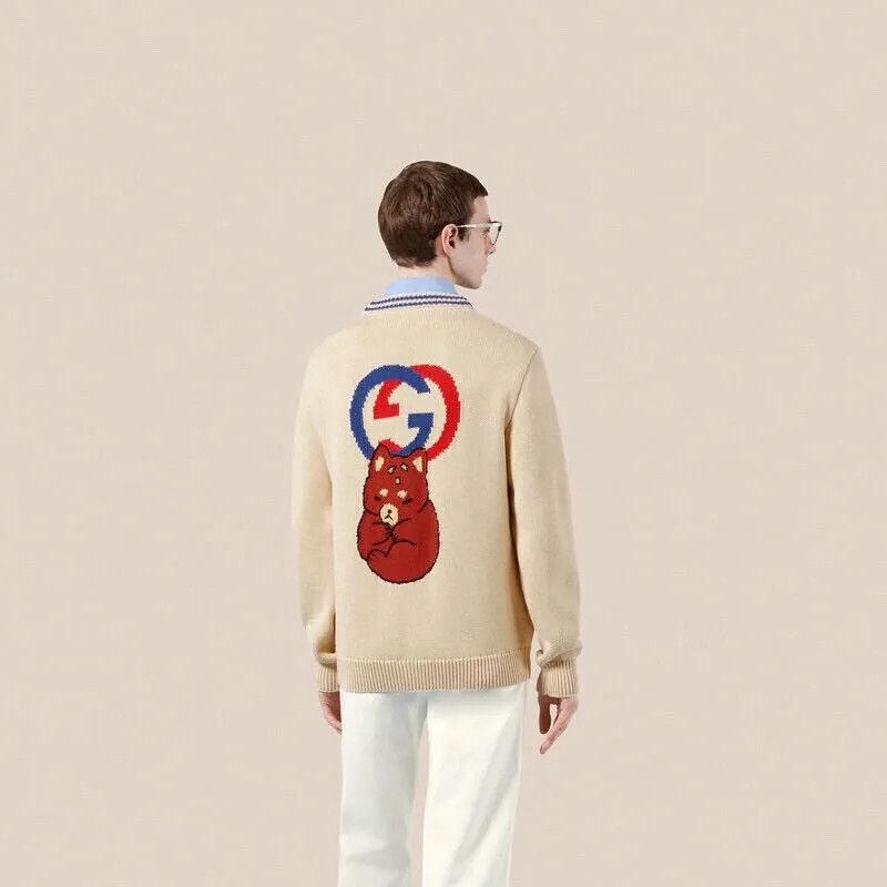 Gucci o1s1wg110225 Knit Cotton Cardigan With Animal Intarsia Size US M / EU 48-50 / 2 - 1 Thumbnail