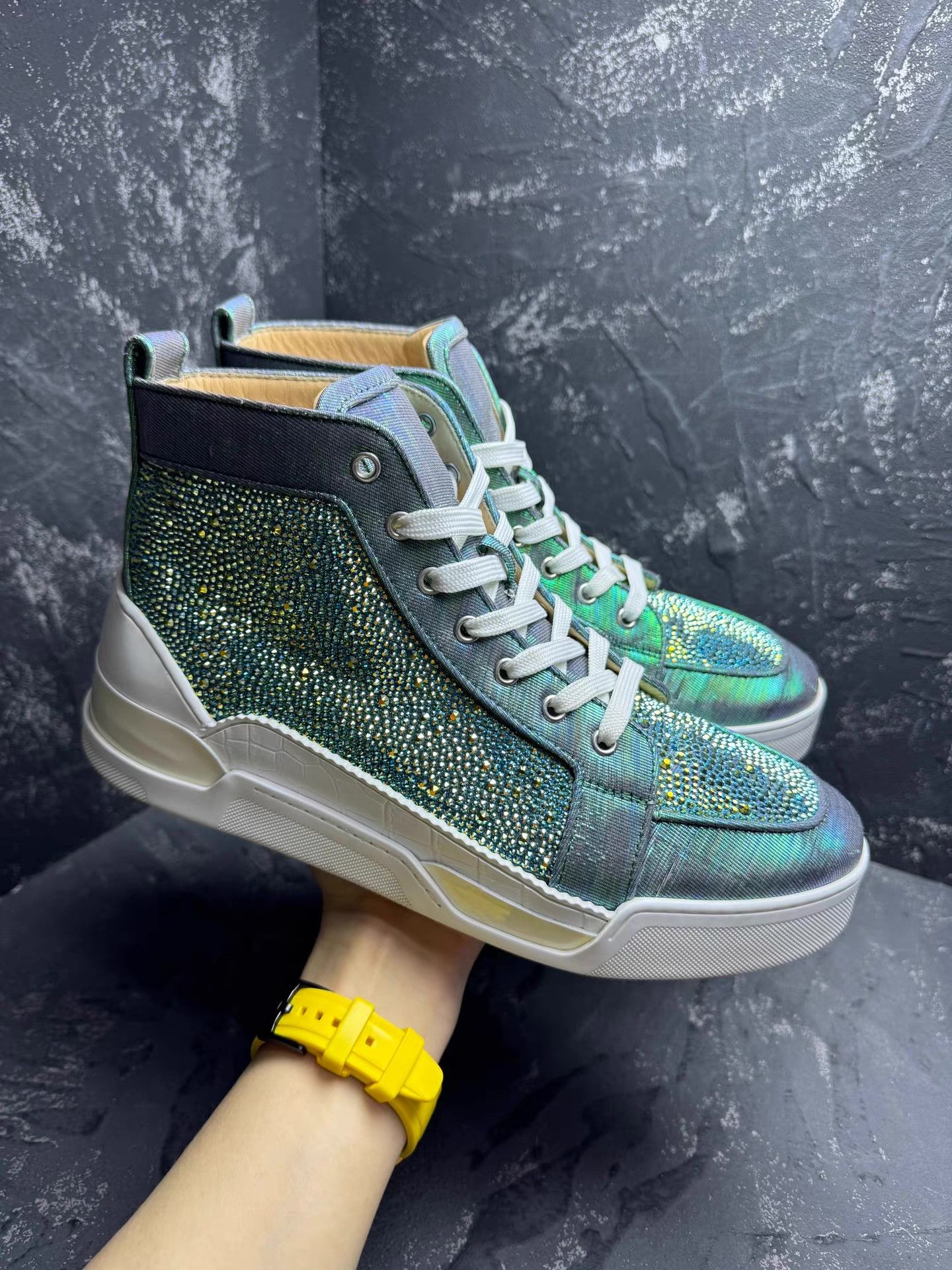 Christian Louboutin Peacock GreenHigh Red-Sole Sneakers with Full Crystals Q10 Size US 10.5 / EU 43-44 - 2 Thumbnail