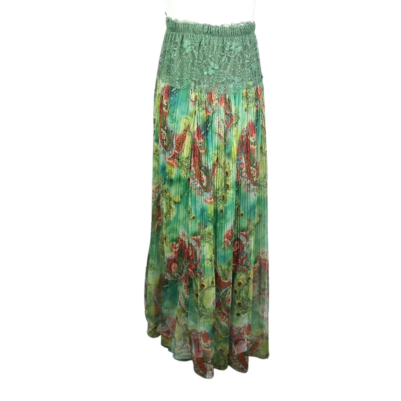 Vintage VINTAGE Green Peacock Paisley Print Lace Trim Pleated Midi Maxi Skirt S Women's Size 28" / US 6 / IT 42 - 3 Thumbnail