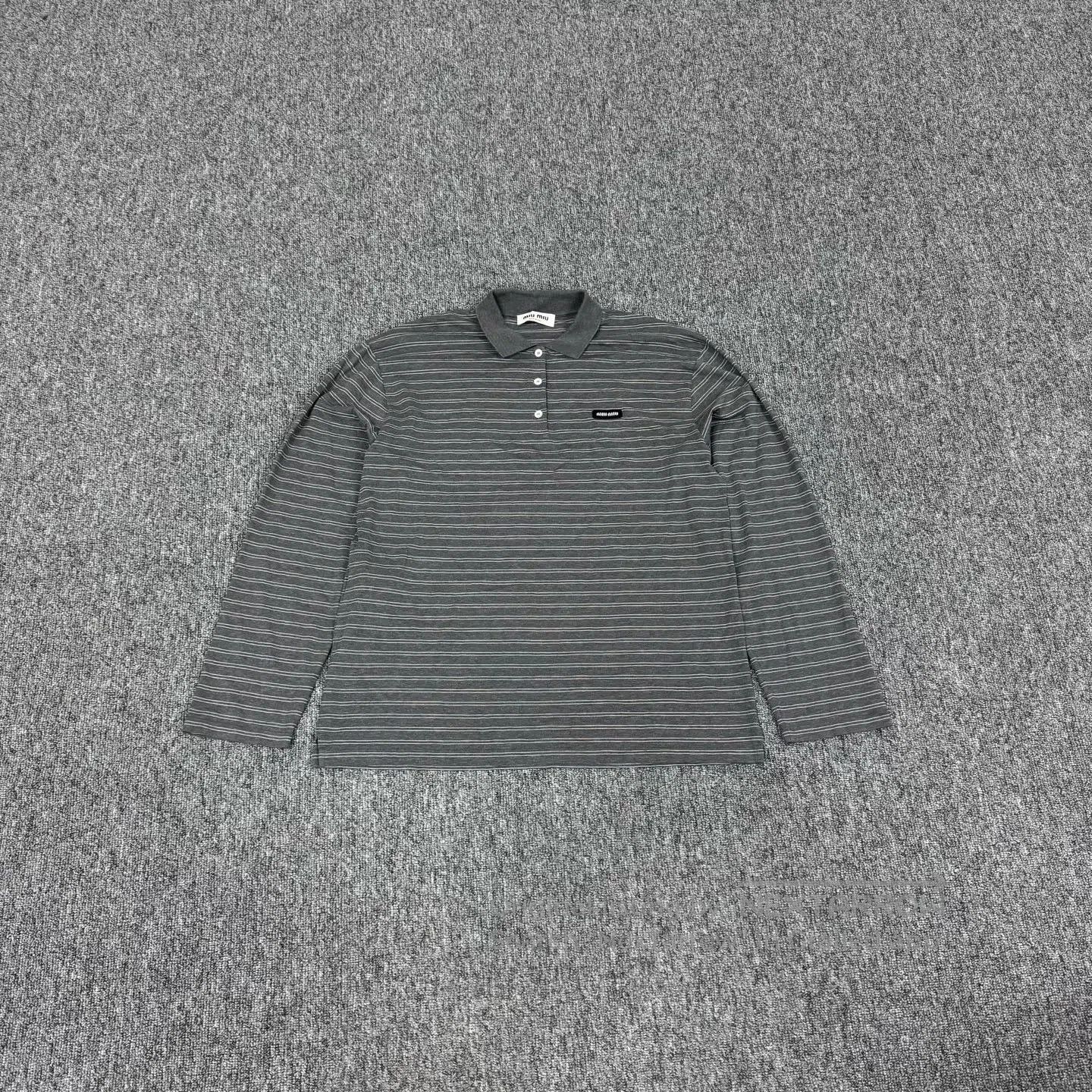Miu Miu miu miu Small logo, fine stripes, long-sleeved polo shirt| Size XS / US 0-2 / IT 36-38 - 2 Thumbnail